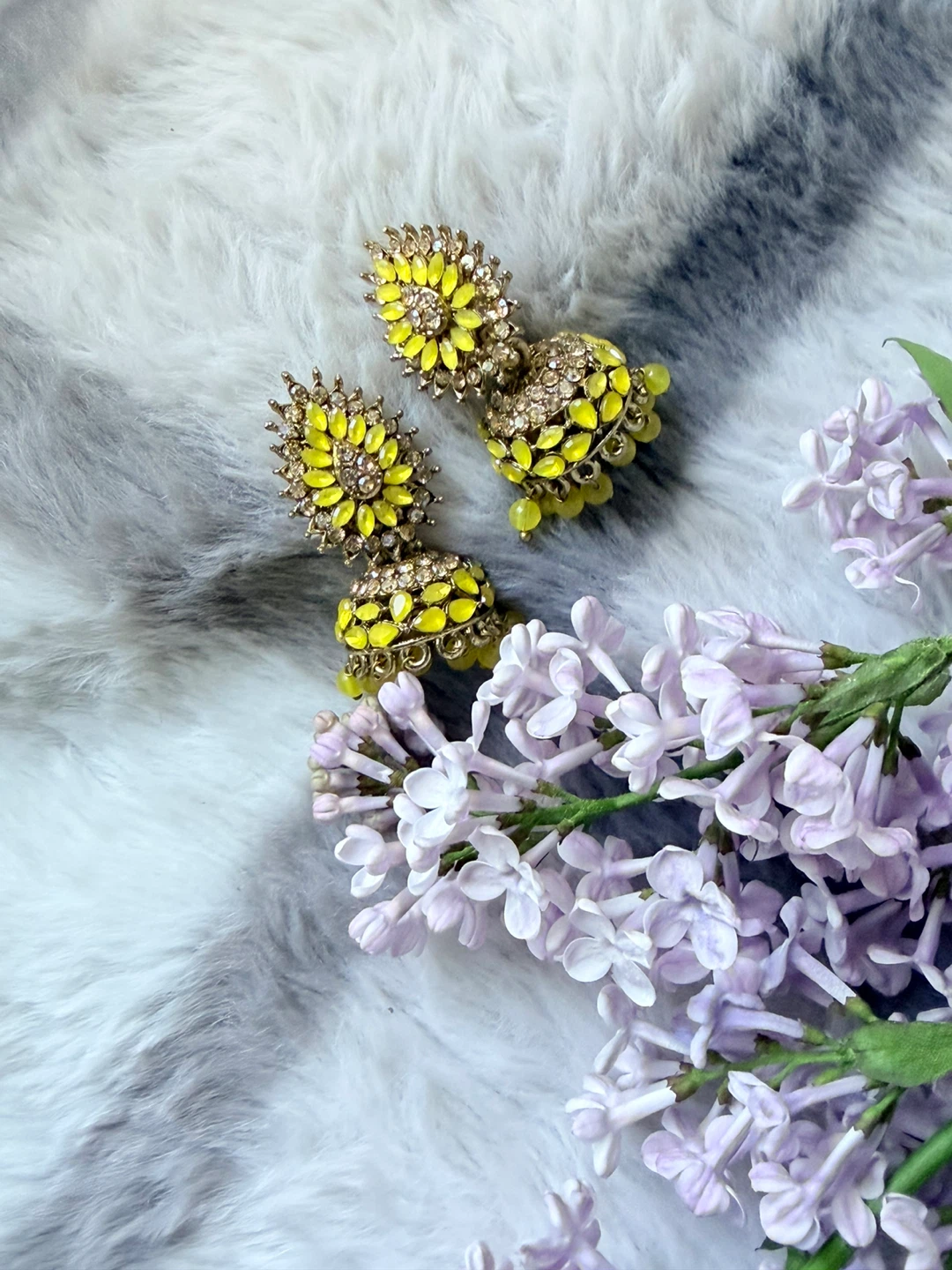 Yellow Jhumka Earrings with Stones