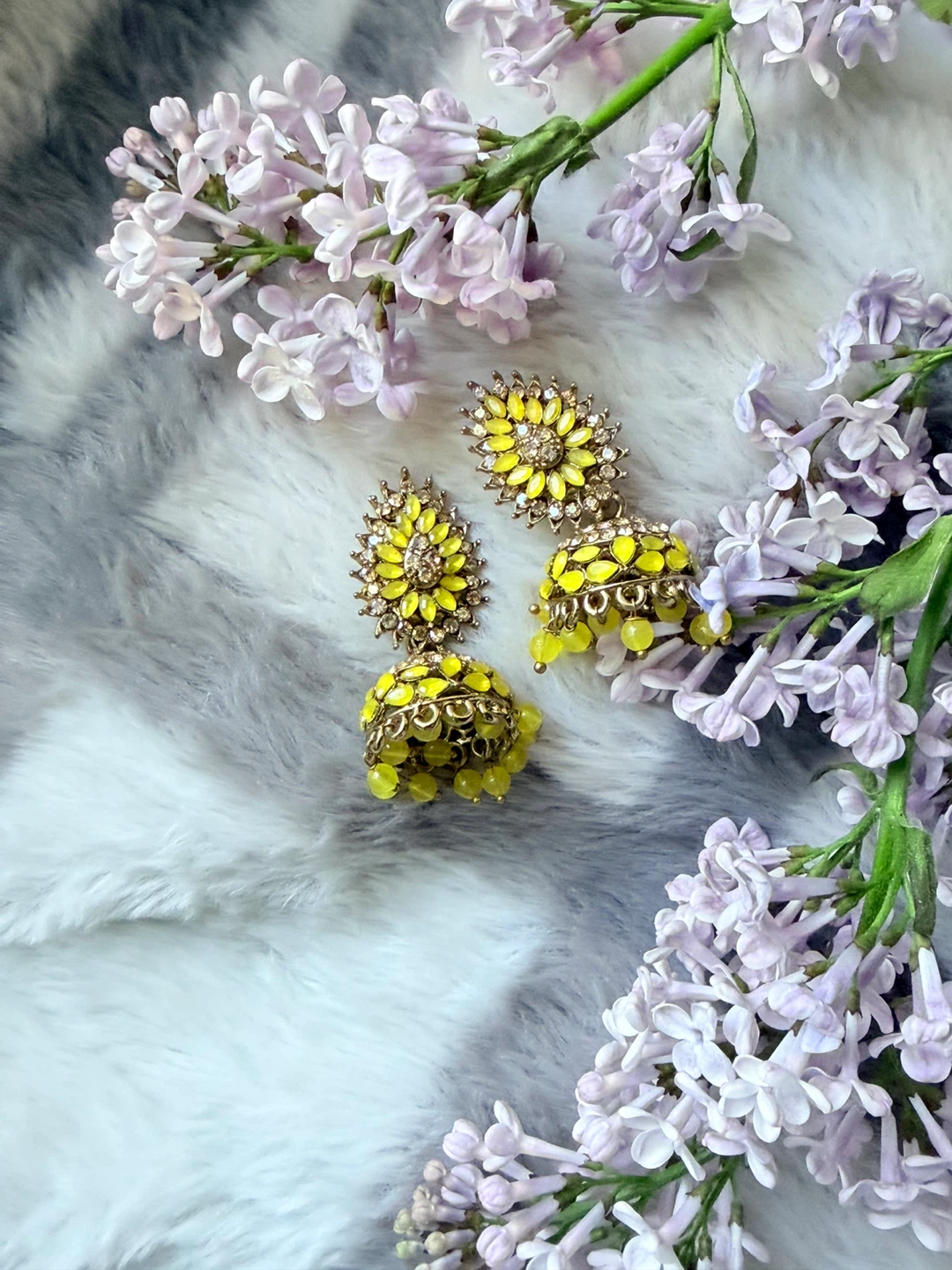 Yellow Jhumka Earrings with Stones - photo 4
