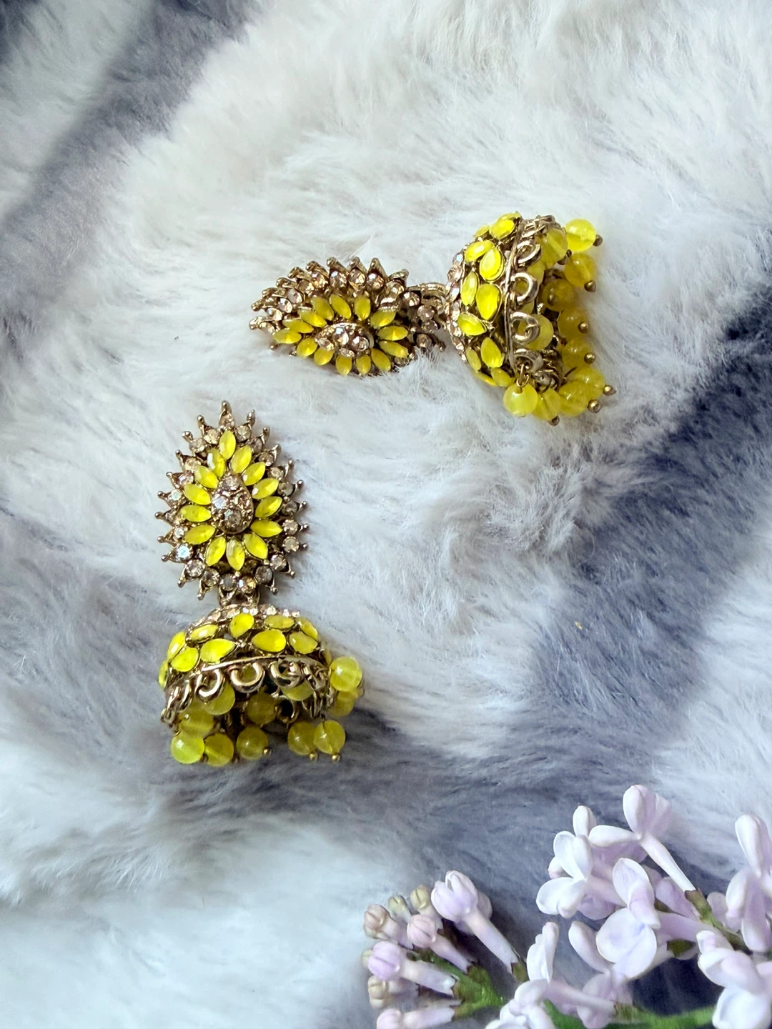 Yellow Jhumka Earrings with Stones - photo 3
