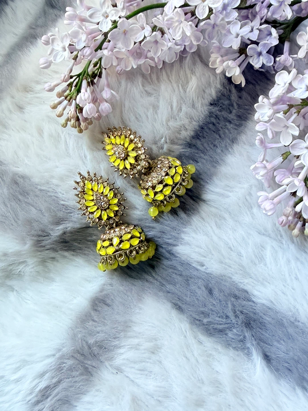 Yellow Jhumka Earrings with Stones - photo 2