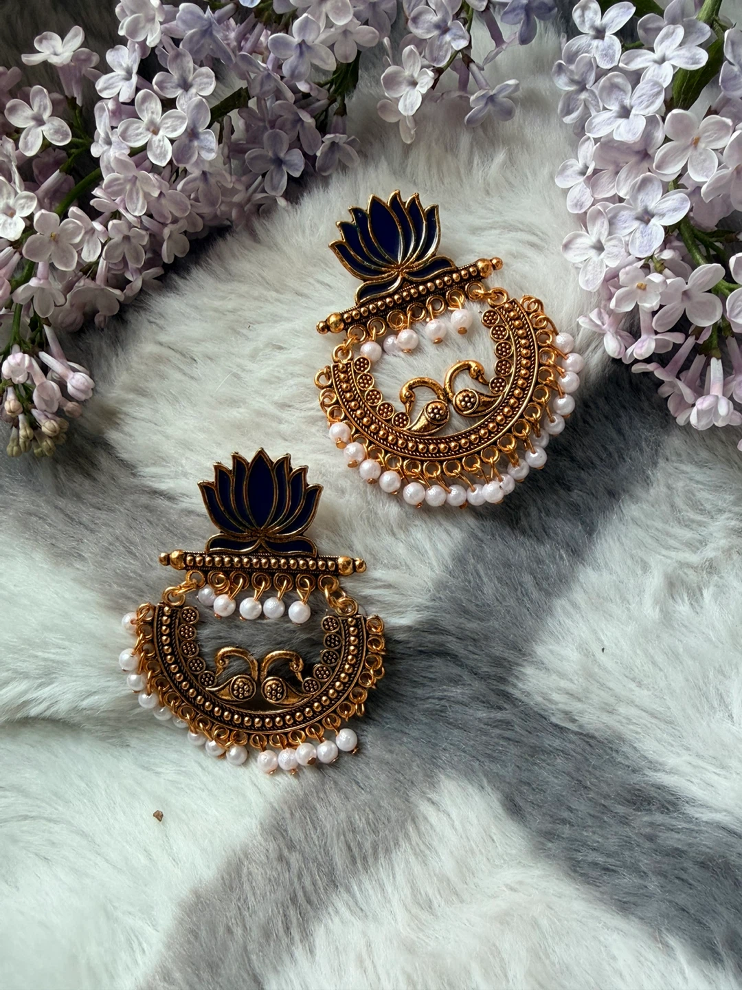 Gold Peacock Lotus Earrings with Pearls