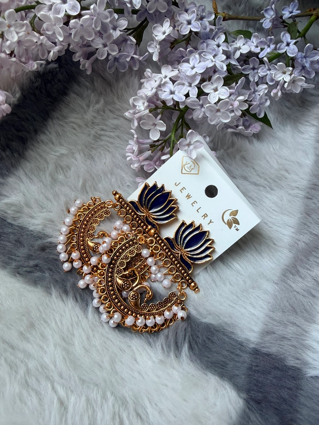 Gold Peacock Lotus Earrings with Pearls - photo 4