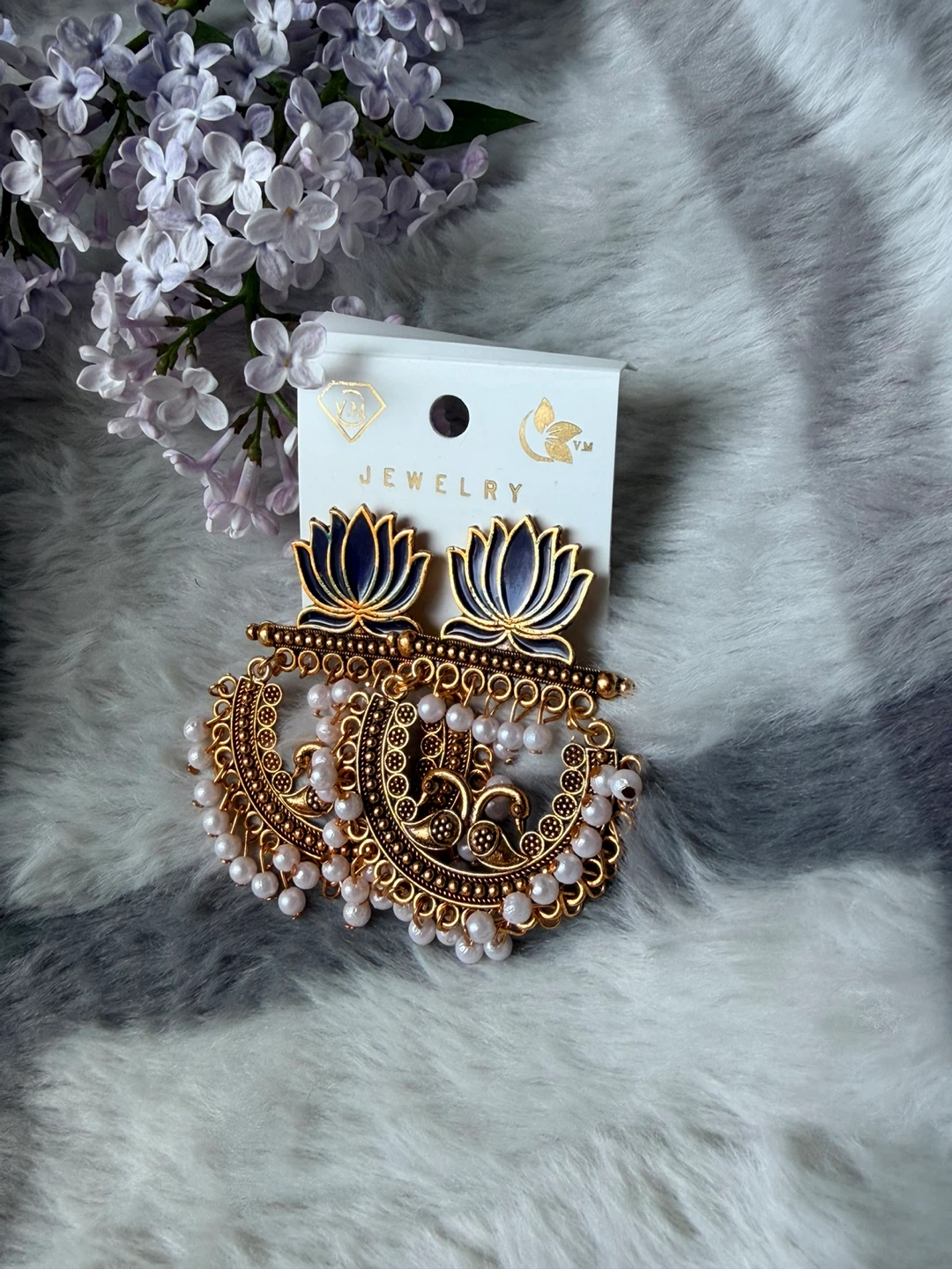 Gold Peacock Lotus Earrings with Pearls - photo 5