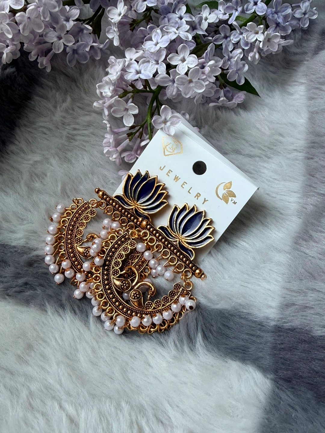 Gold Peacock Lotus Earrings with Pearls - photo 3
