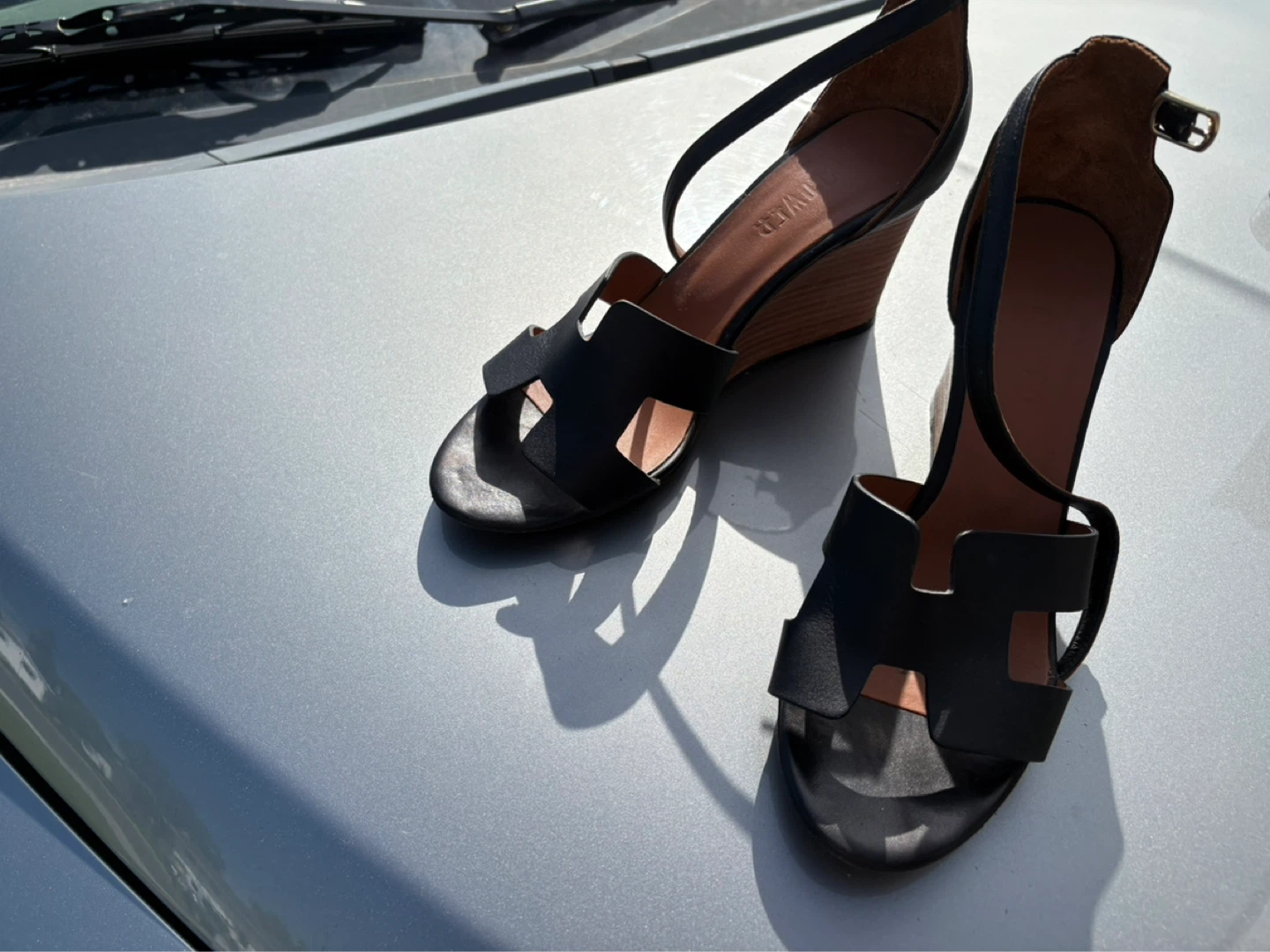 Black Leather Wedge Sandals