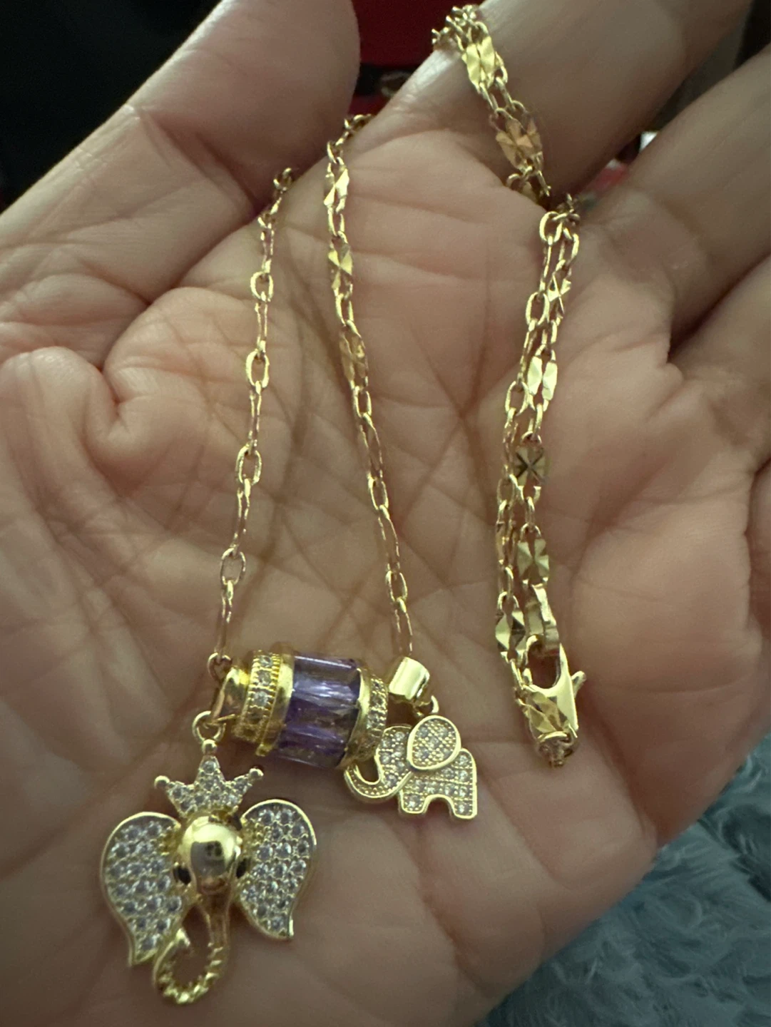 14kGold laminated Elephant Charm Necklace with Purple Crystal - photo 2