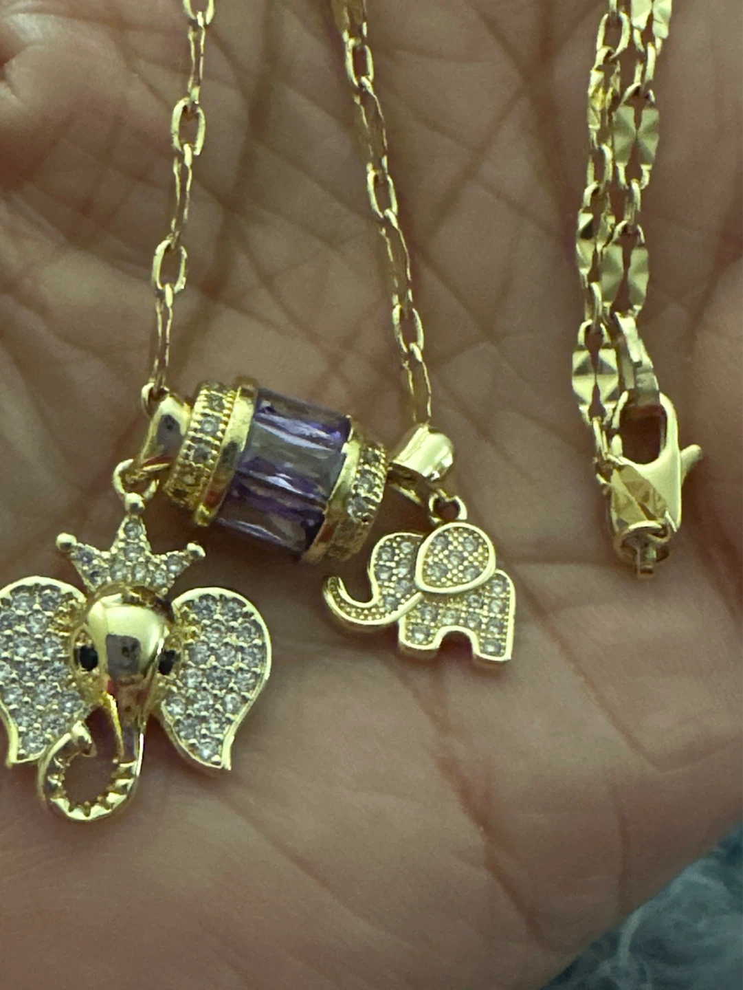 14kGold laminated Elephant Charm Necklace with Purple Crystal