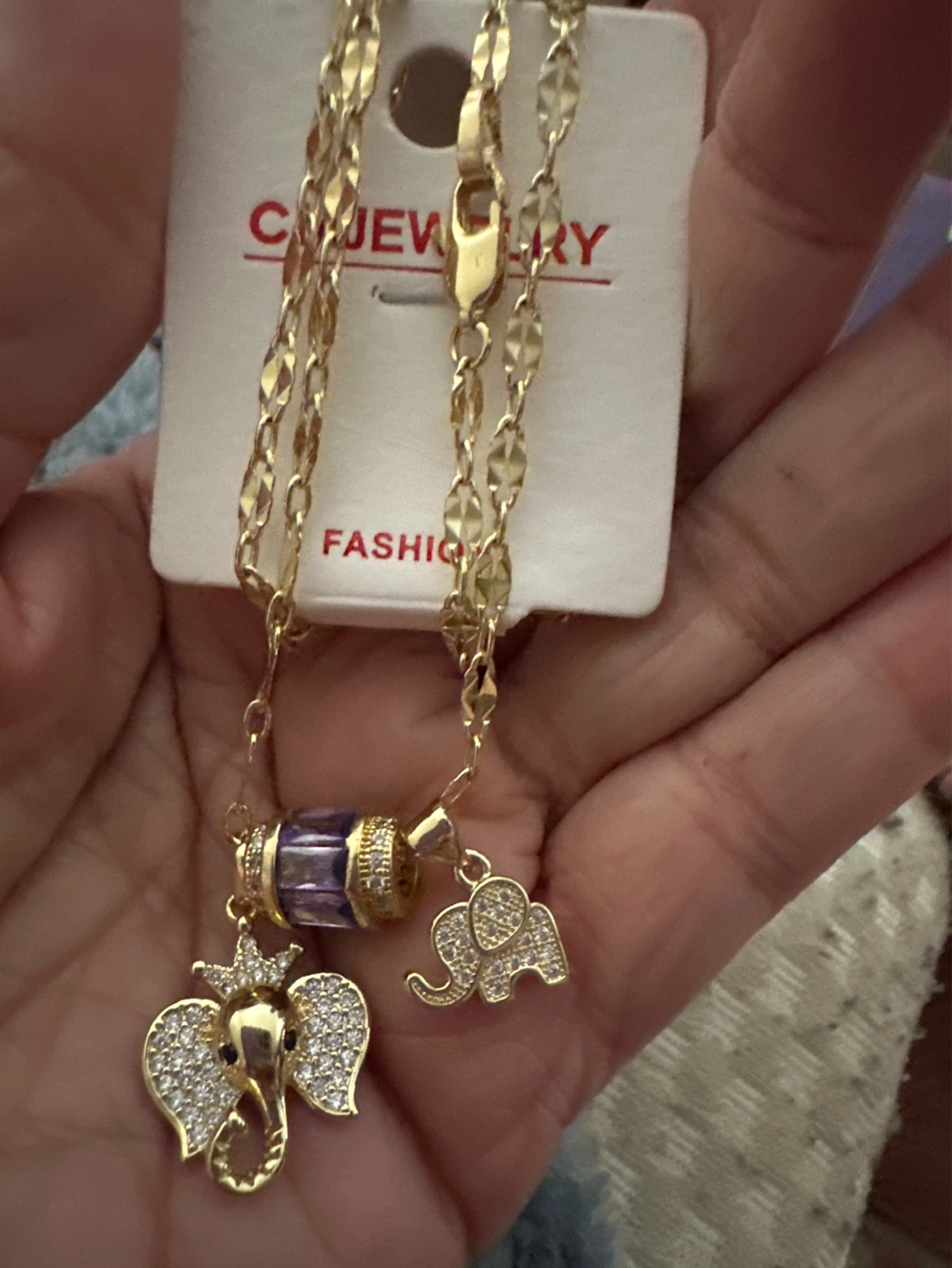 14kGold laminated Elephant Charm Necklace with Purple Crystal - photo 3