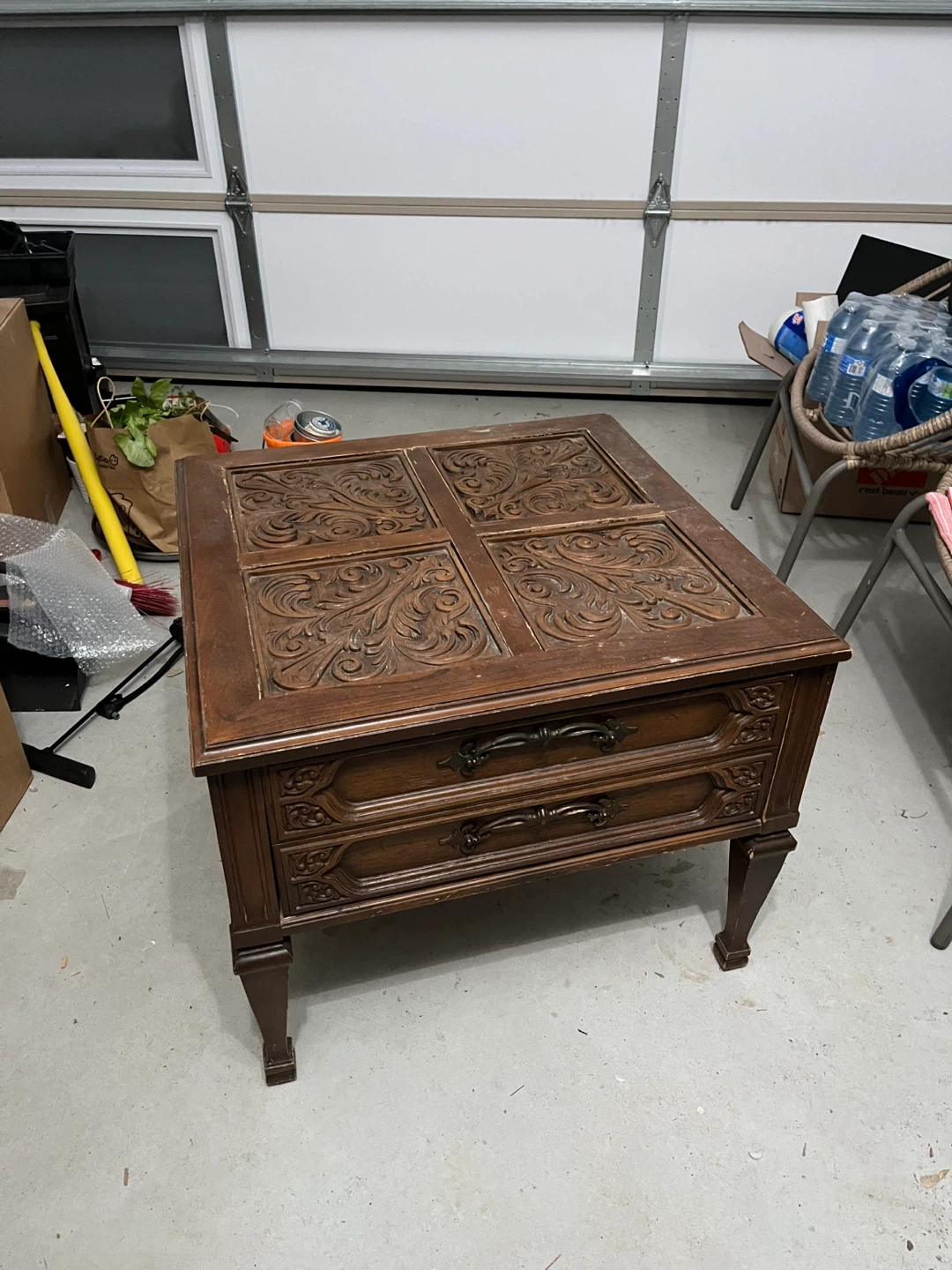 Vintage Antique Wooden Side Table with Carved Top