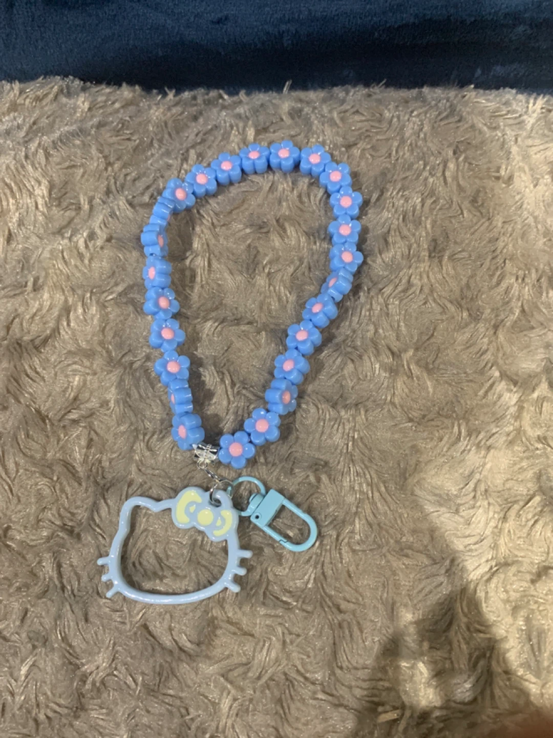 Blue Flower Beaded Lanyard with Hello Kitty Charm