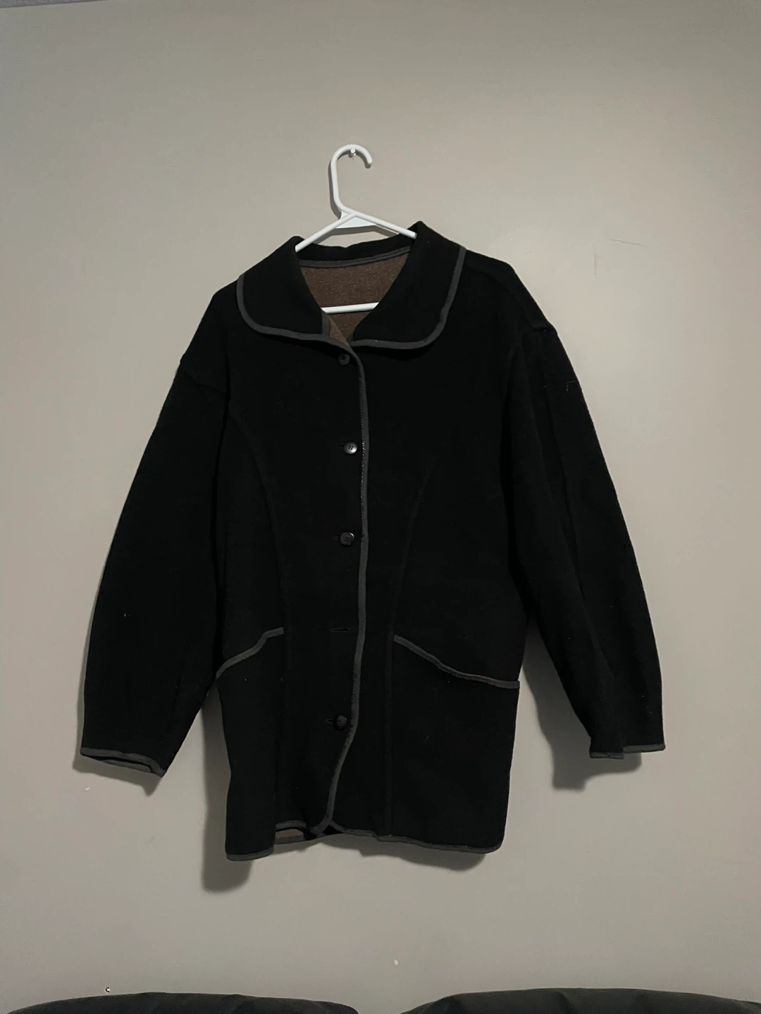 Black Button-Up Jacket with Grey Trim