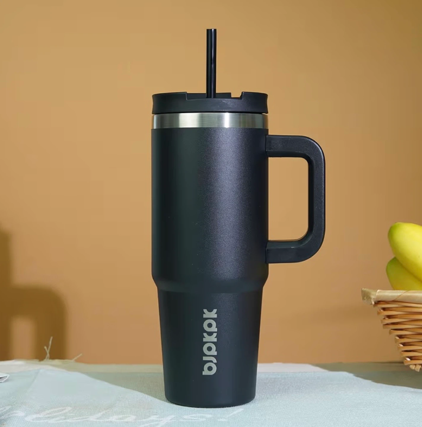 Black Insulated Tumbler with Handle and Straw