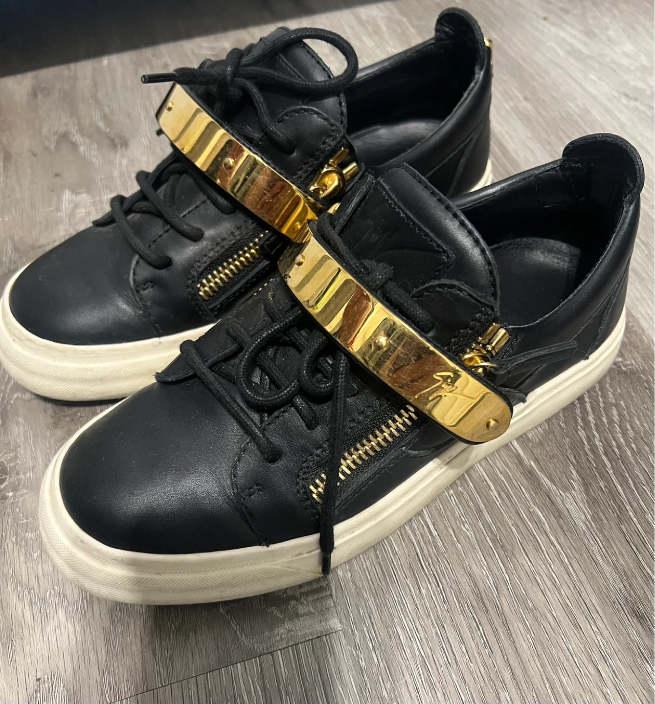 Giuseppe Zanotti Black Leather Gold Zip Sneakers Size 37