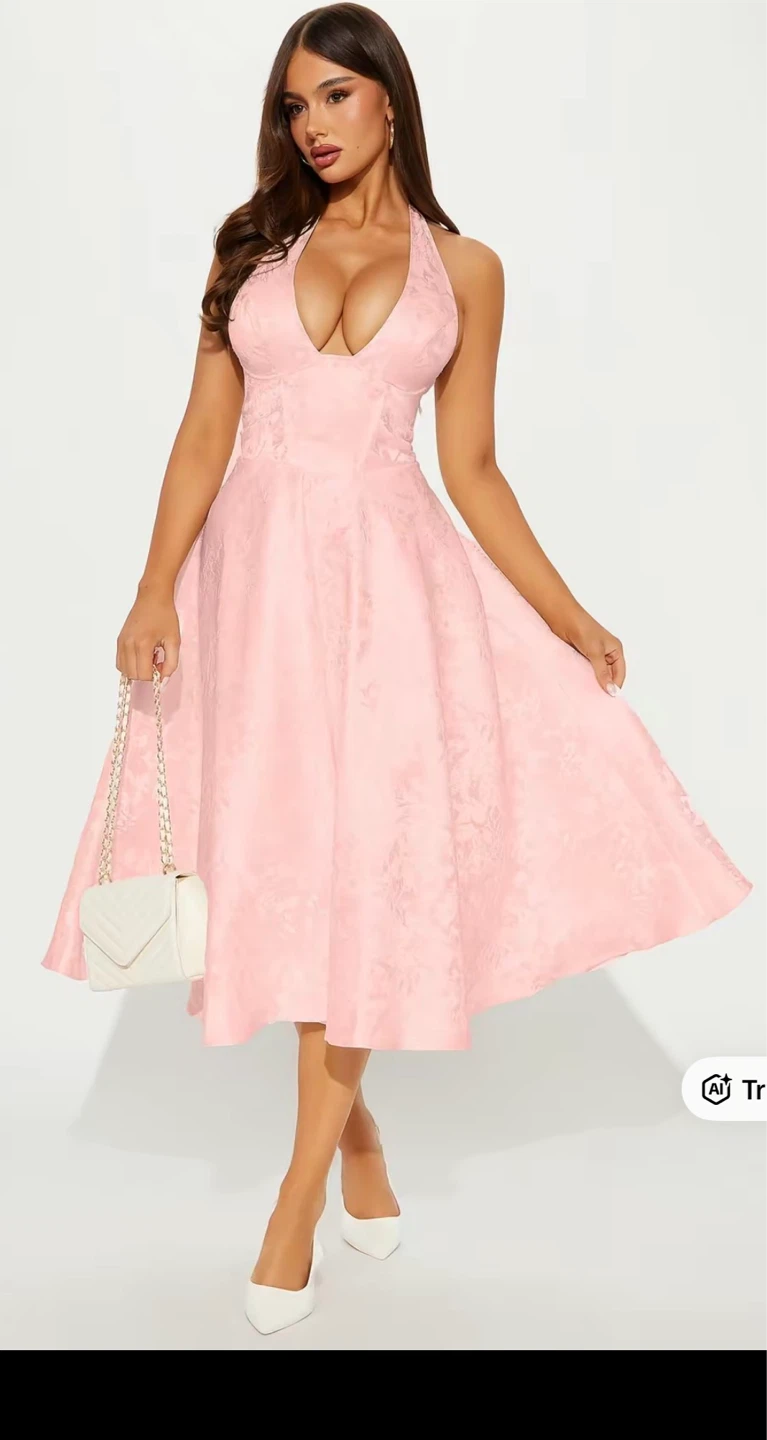 Pink Halter Neck Jacquard Midi Dress