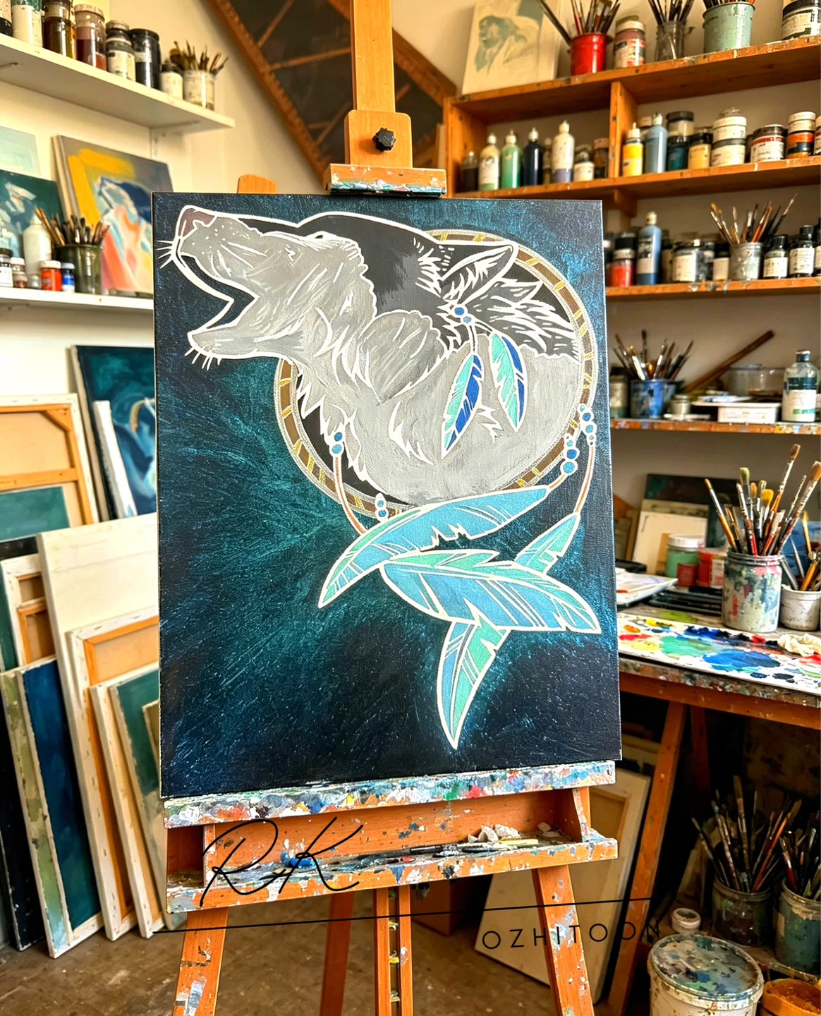 Original Wolf Dreamcatcher Painting