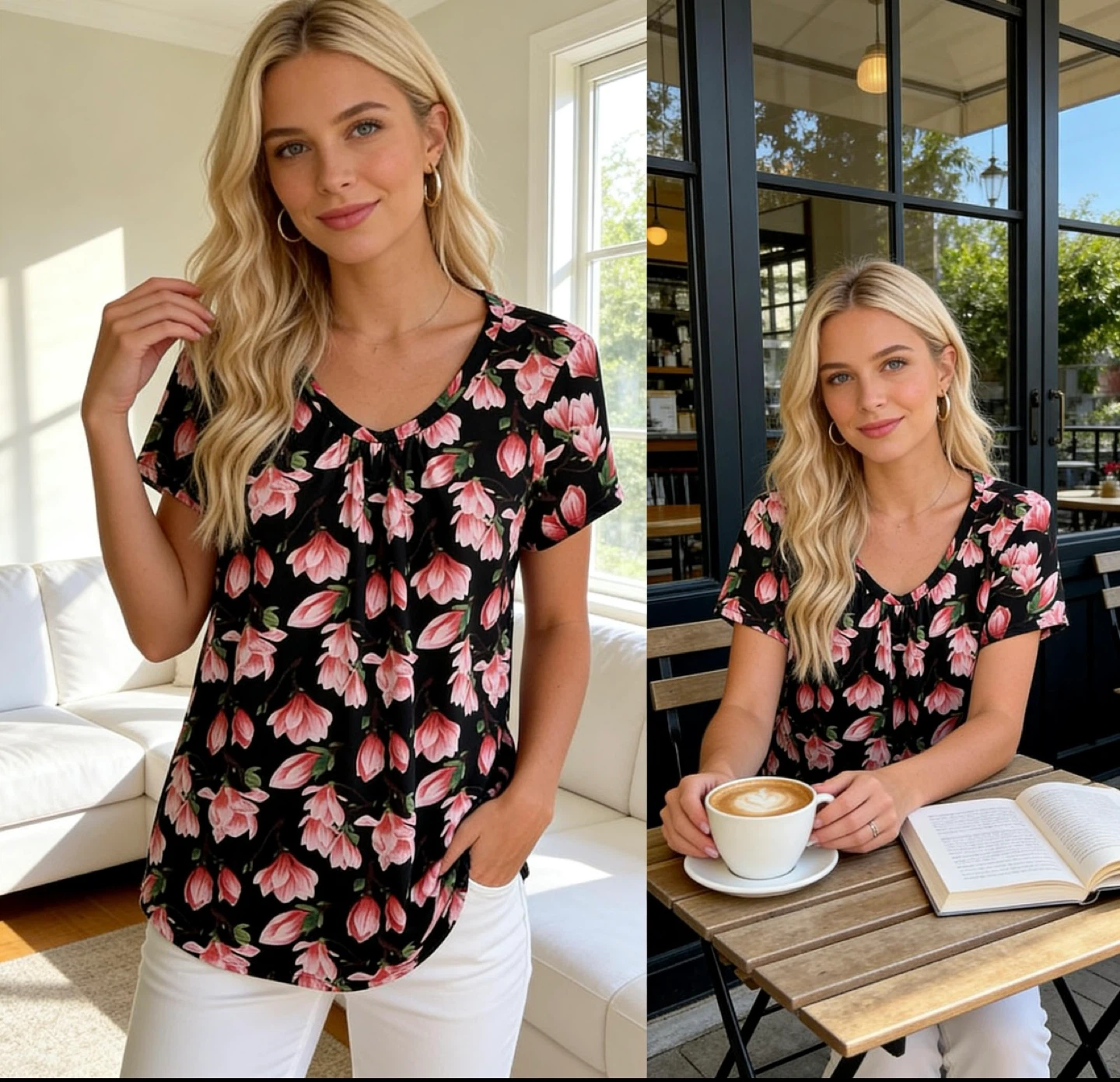 Black Floral Print Short Sleeve Top size M