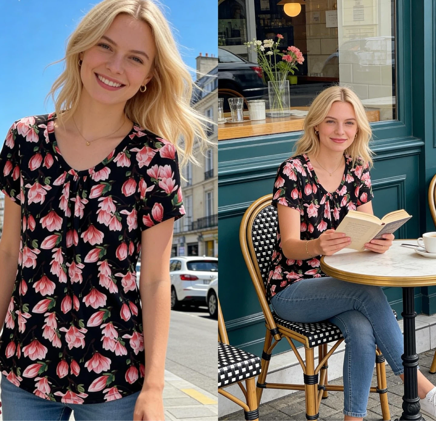 Black Floral Print Short Sleeve Top size M - photo 2