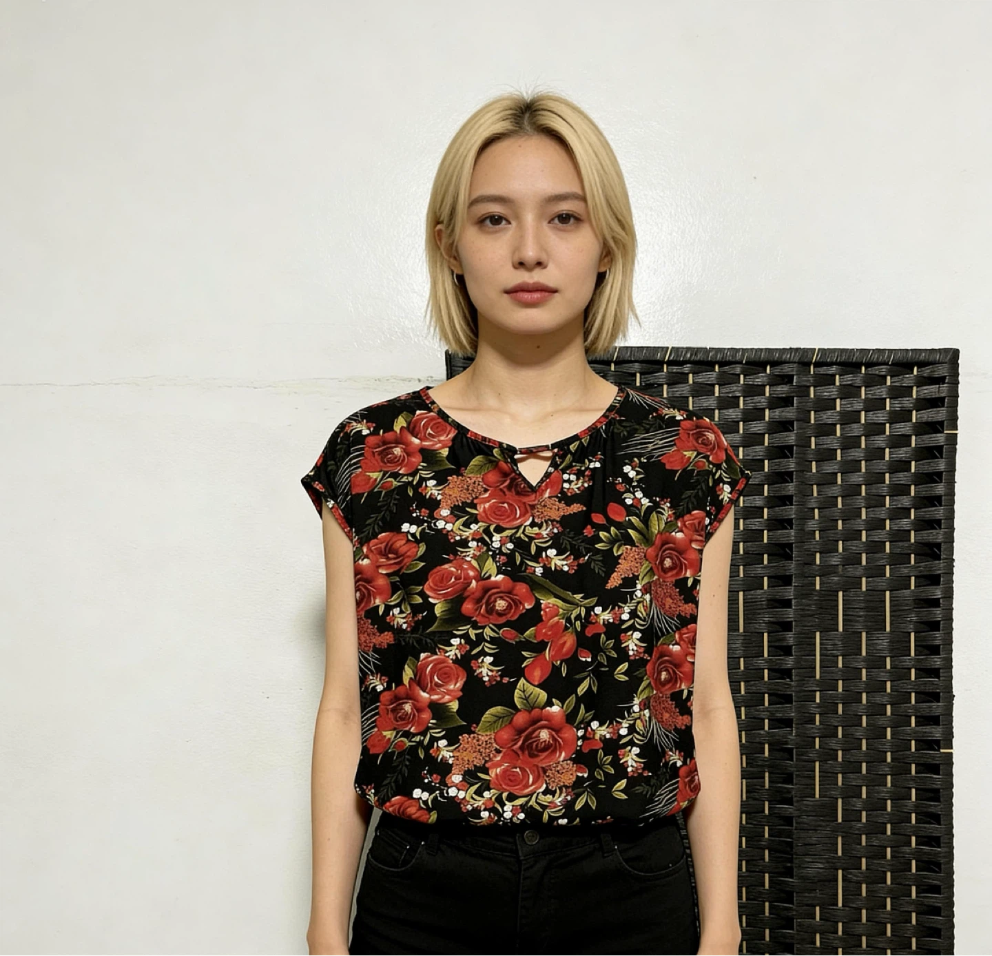 Women's Red Rose Print Blouse size M - photo 2