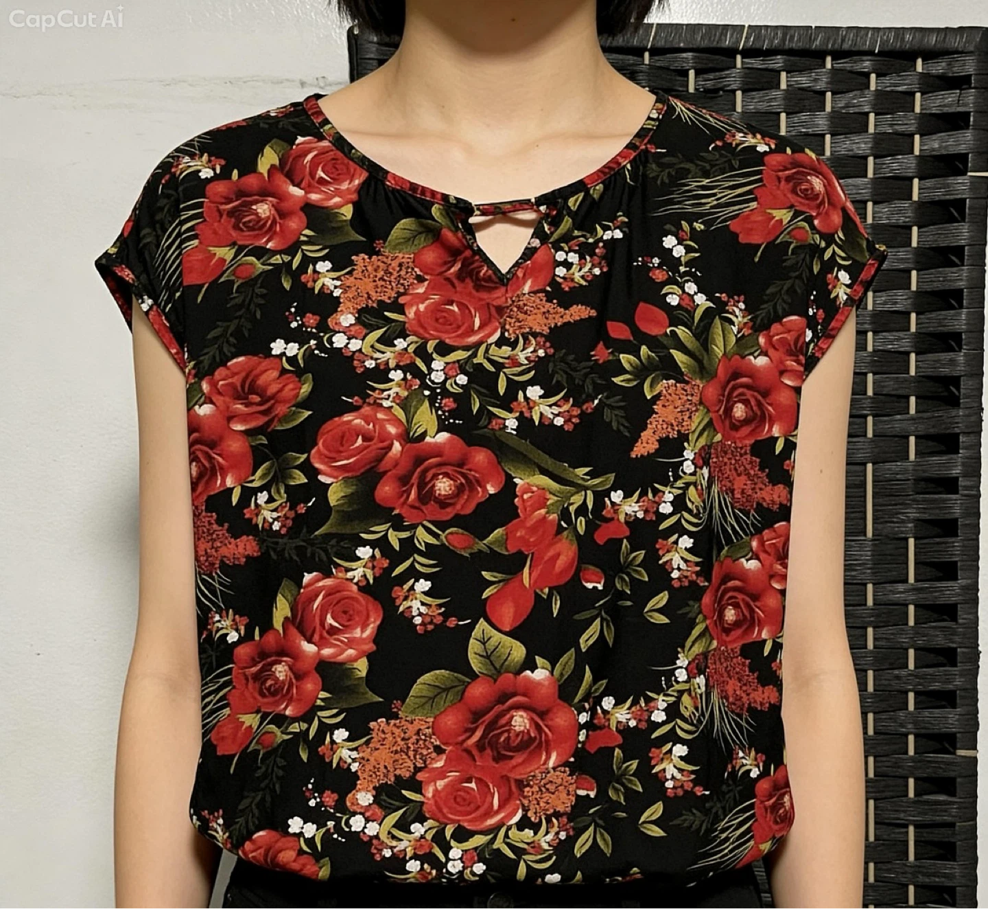 Women's Red Rose Print Blouse size M