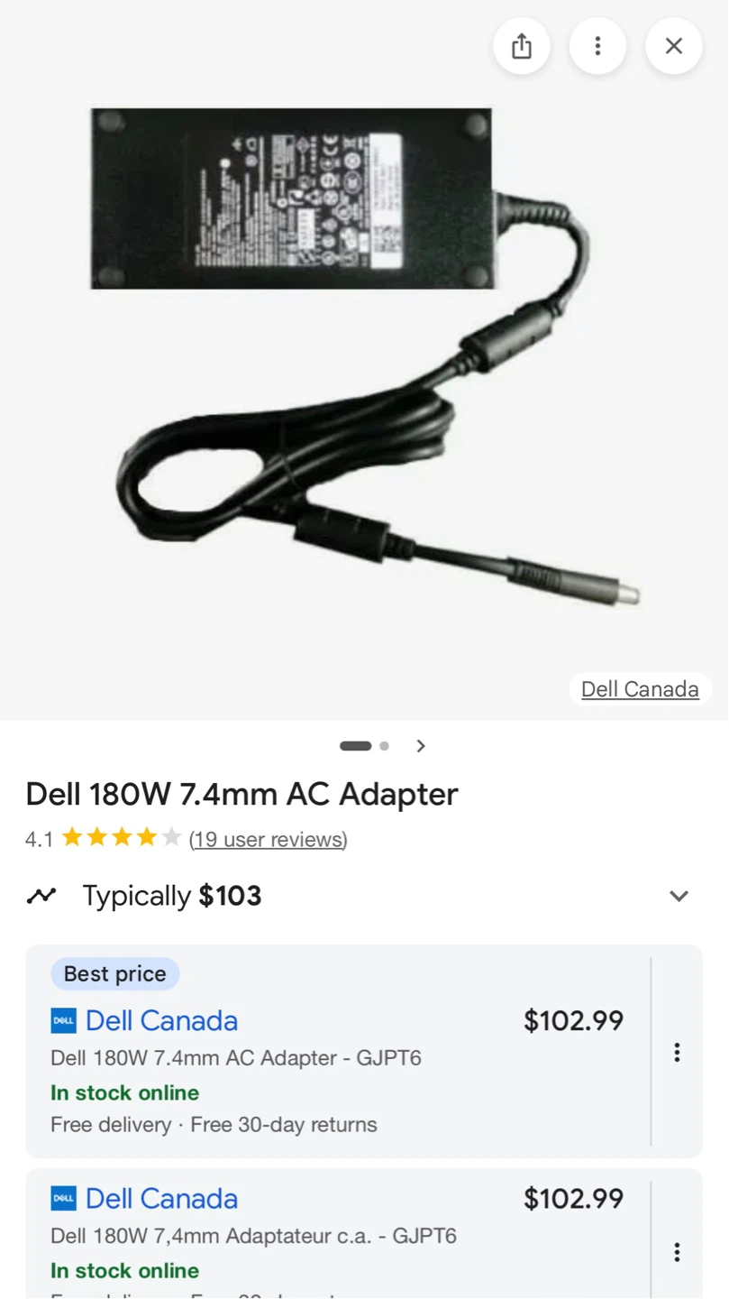 Dell 180W AC Adapter Charger (7.4mm Barrel) - Like New