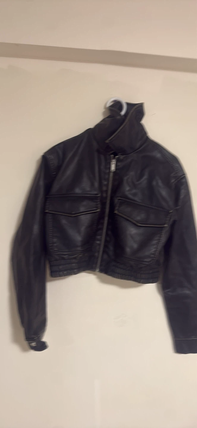 Black Faux Leather Cropped Bomber Jacket
