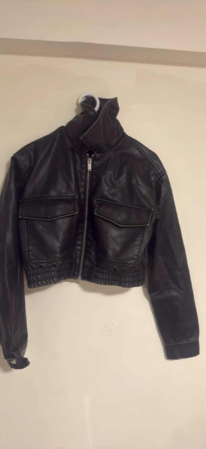 Black Faux Leather Cropped Bomber Jacket - photo 2