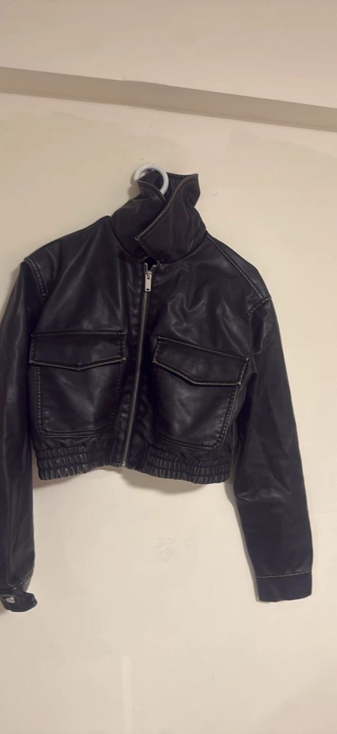 Black Faux Leather Cropped Bomber Jacket - photo 3
