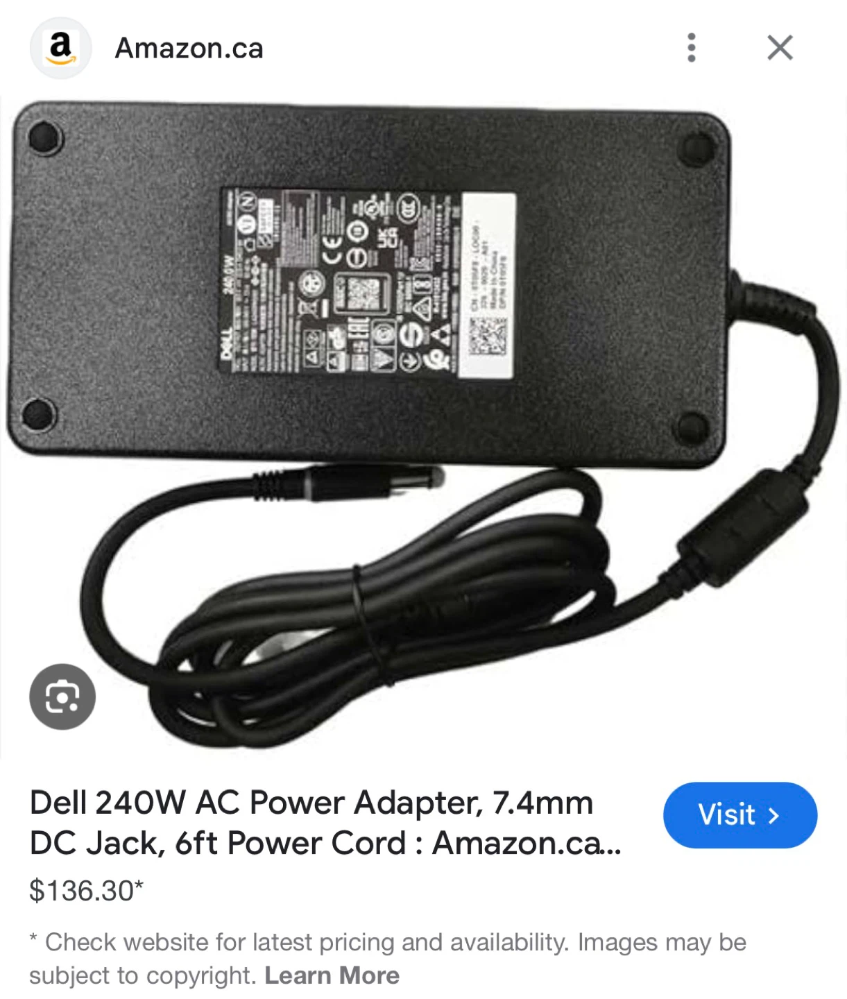 Dell 240W AC Power Adapter Charger (7.4mm) - Like New