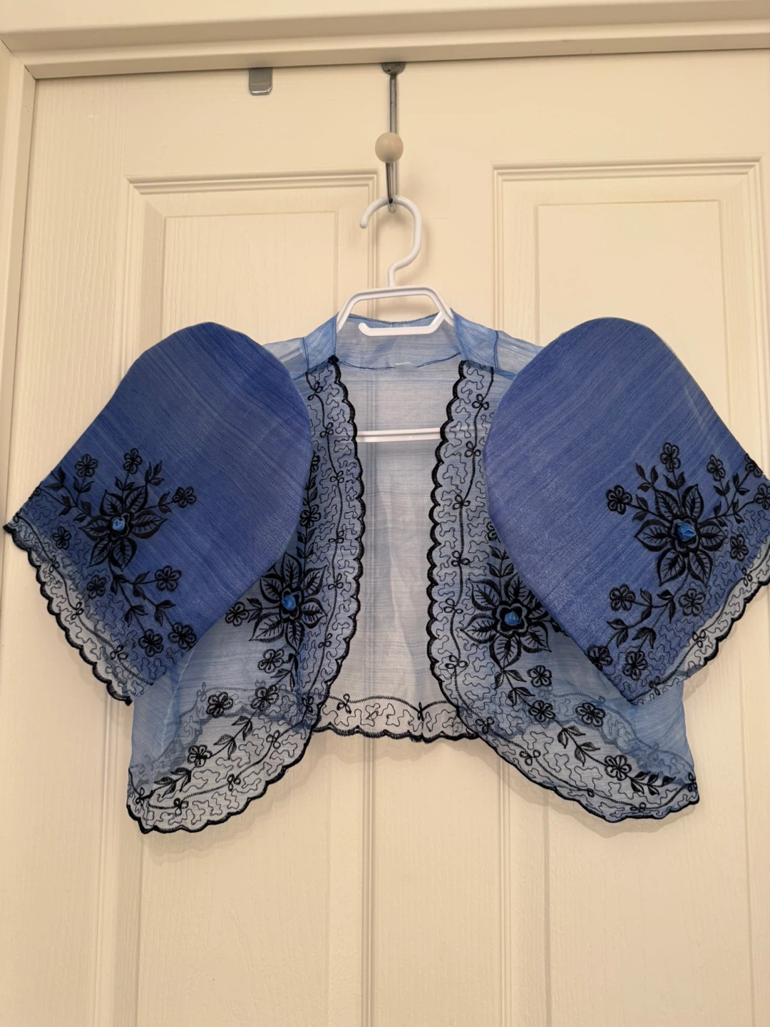 Blue Sheer Bolero with Black Floral Embroidery