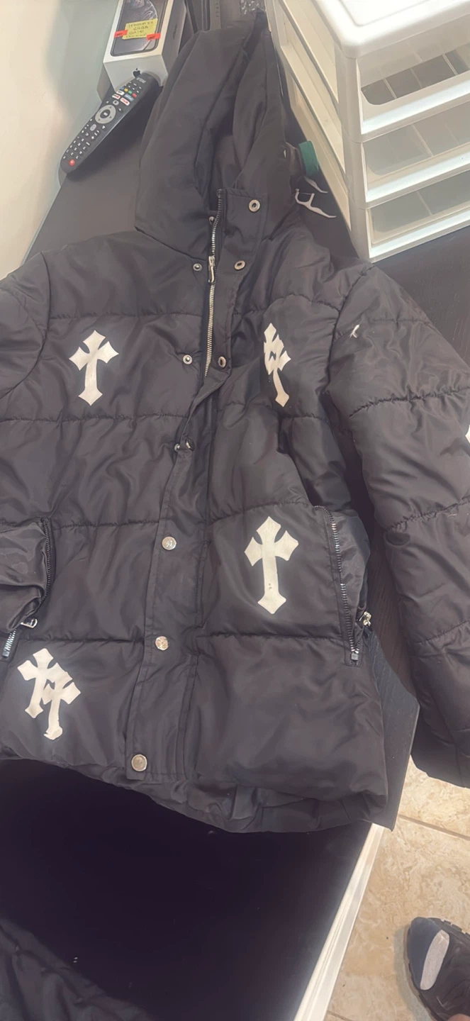 Black Puffer Jacket with Cross Graphics