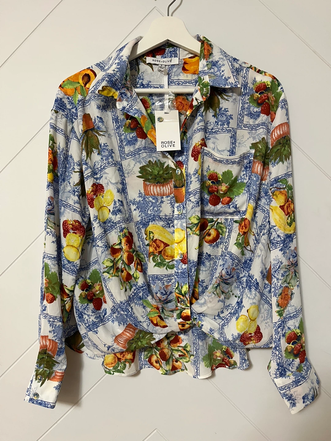 Beautiful Rose + Olive Fruit Print Button-Up Shirt