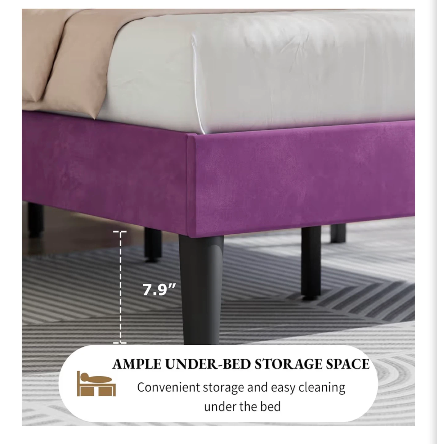 Twin Bed Frame Purple Velvet - Diamond Tufted Headboard - photo 5
