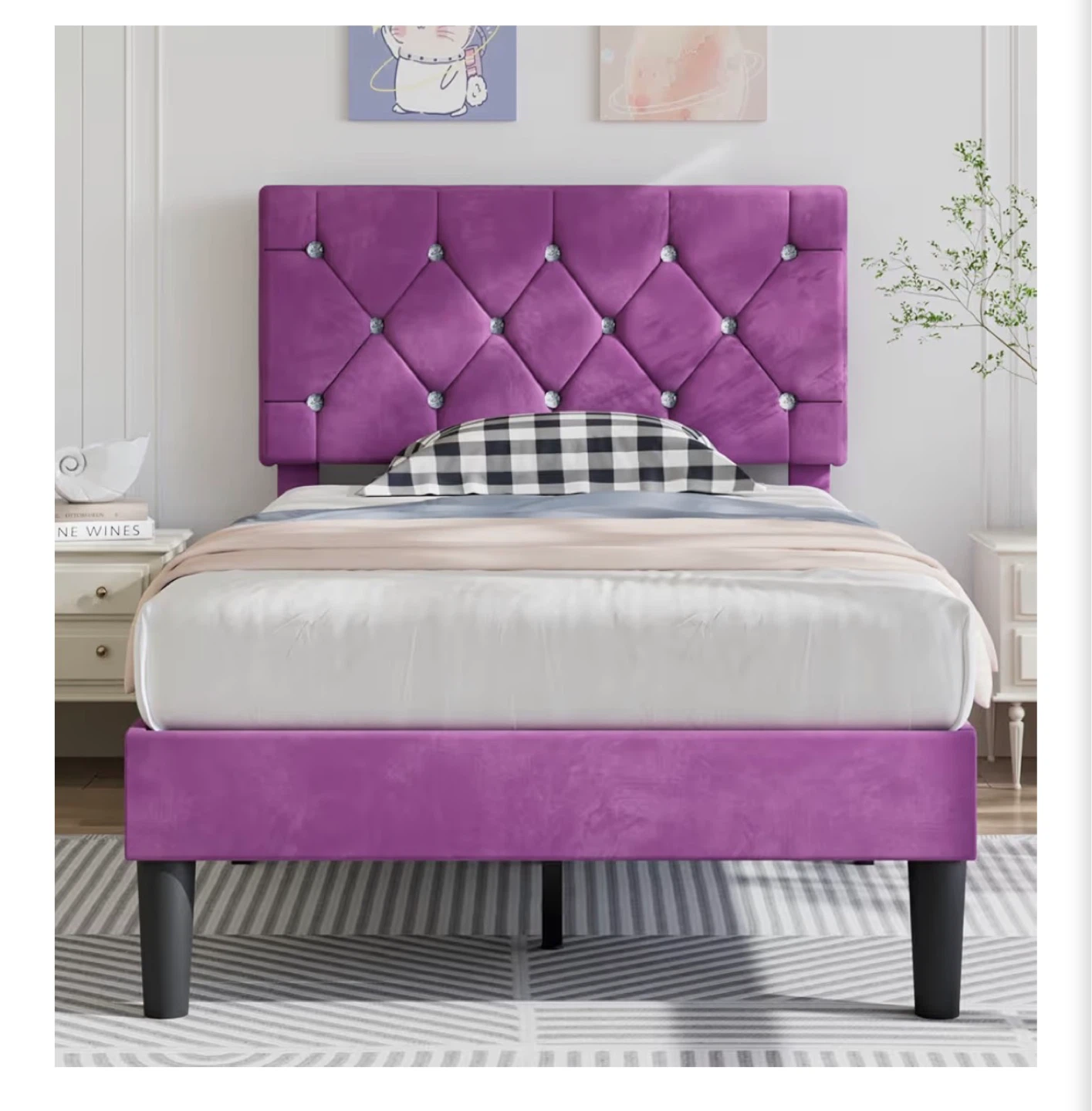 Twin Bed Frame Purple Velvet - Diamond Tufted Headboard