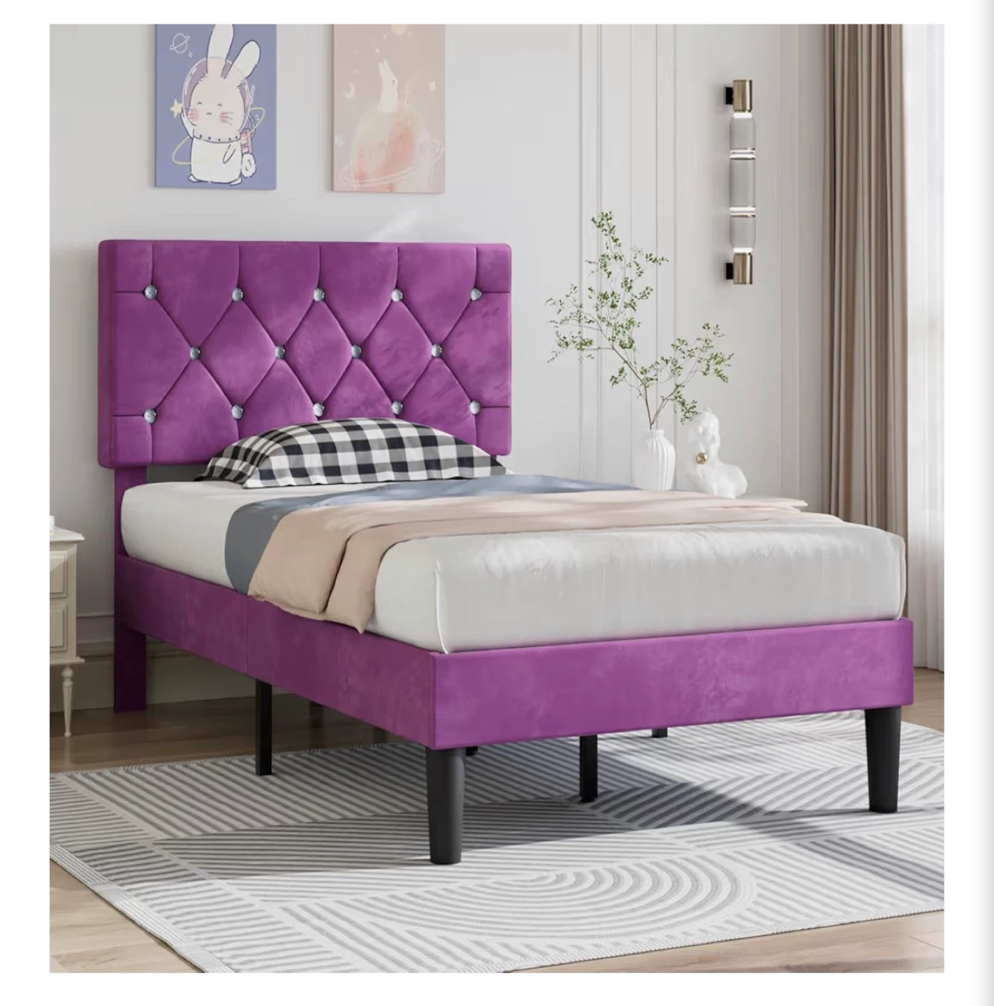 Twin Bed Frame Purple Velvet - Diamond Tufted Headboard - photo 3