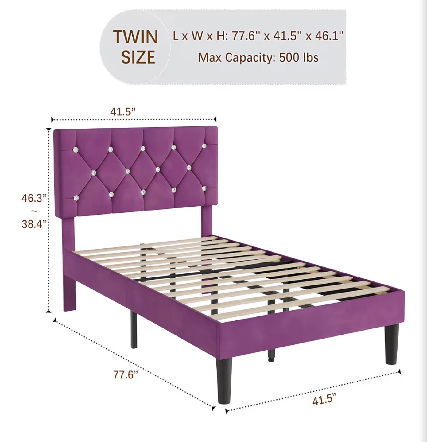 Twin Bed Frame Purple Velvet - Diamond Tufted Headboard - photo 2