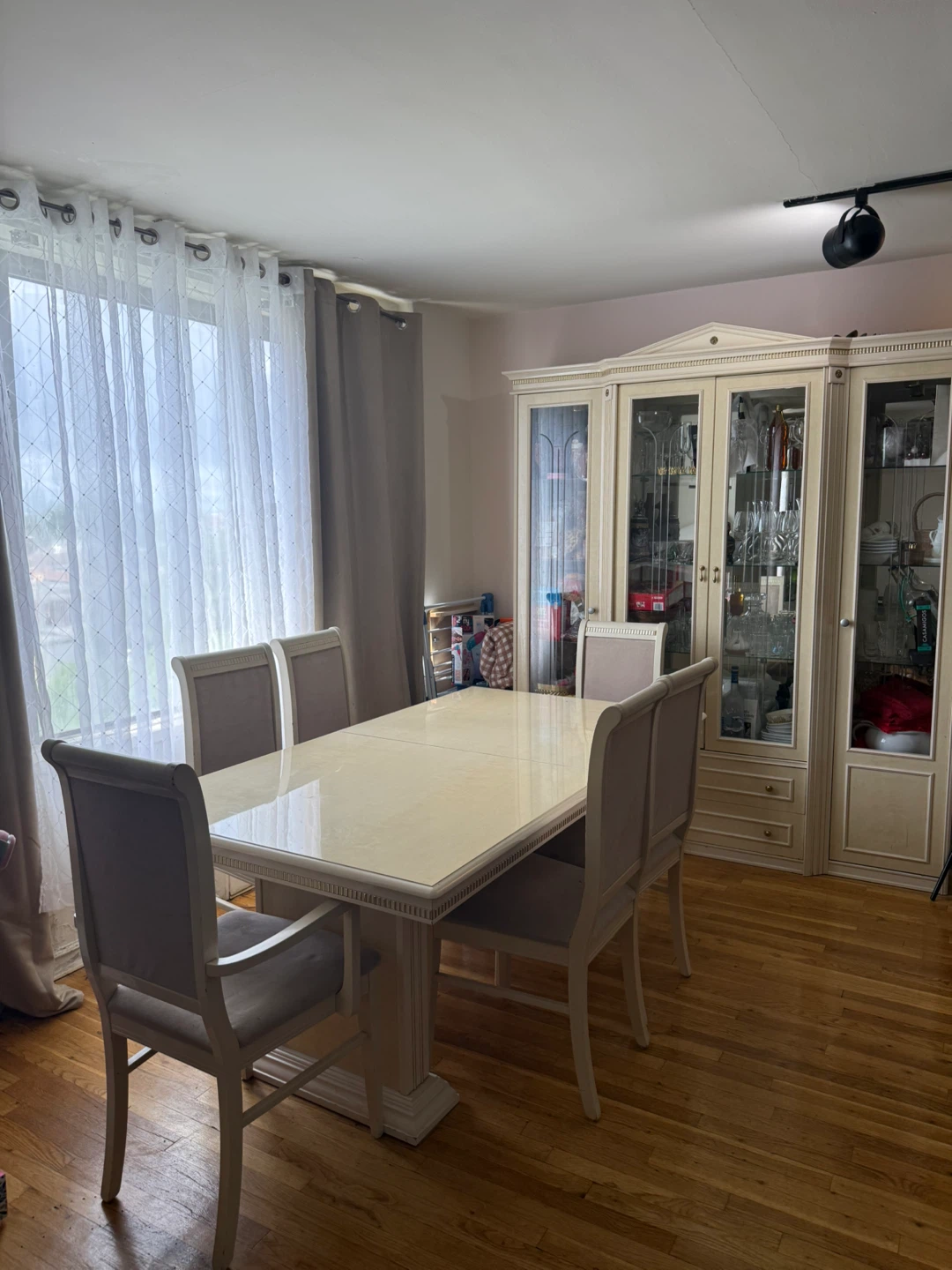 Cream Dining Set with 6 Chairs and hutch