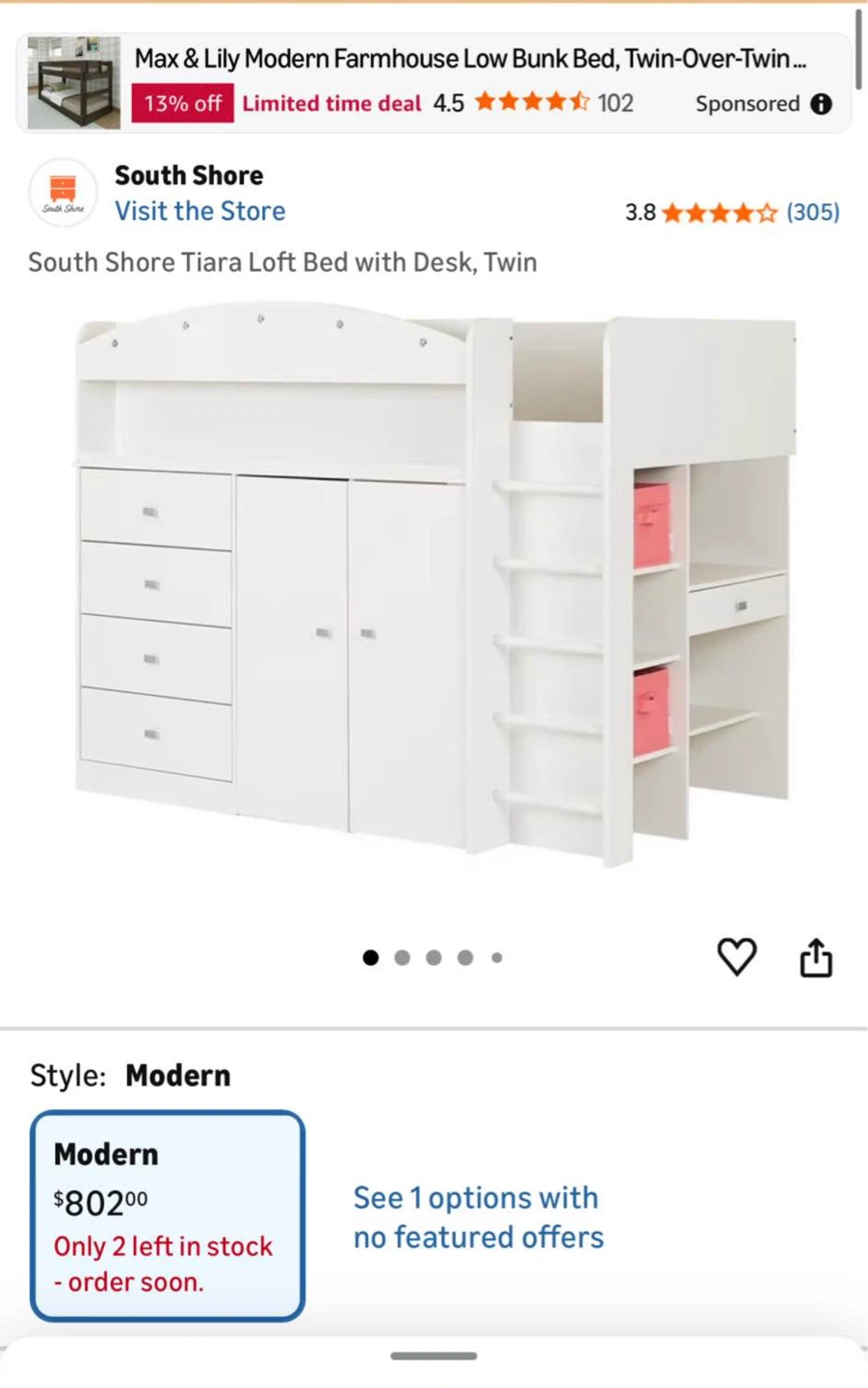 South Shore Tiara Loft Bed with Desk, Twin - photo 4