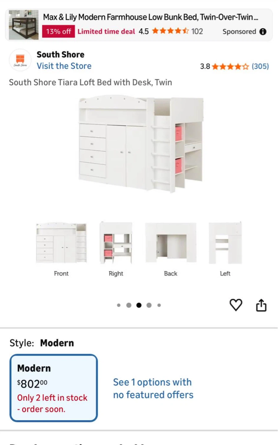 South Shore Tiara Loft Bed with Desk, Twin - photo 3