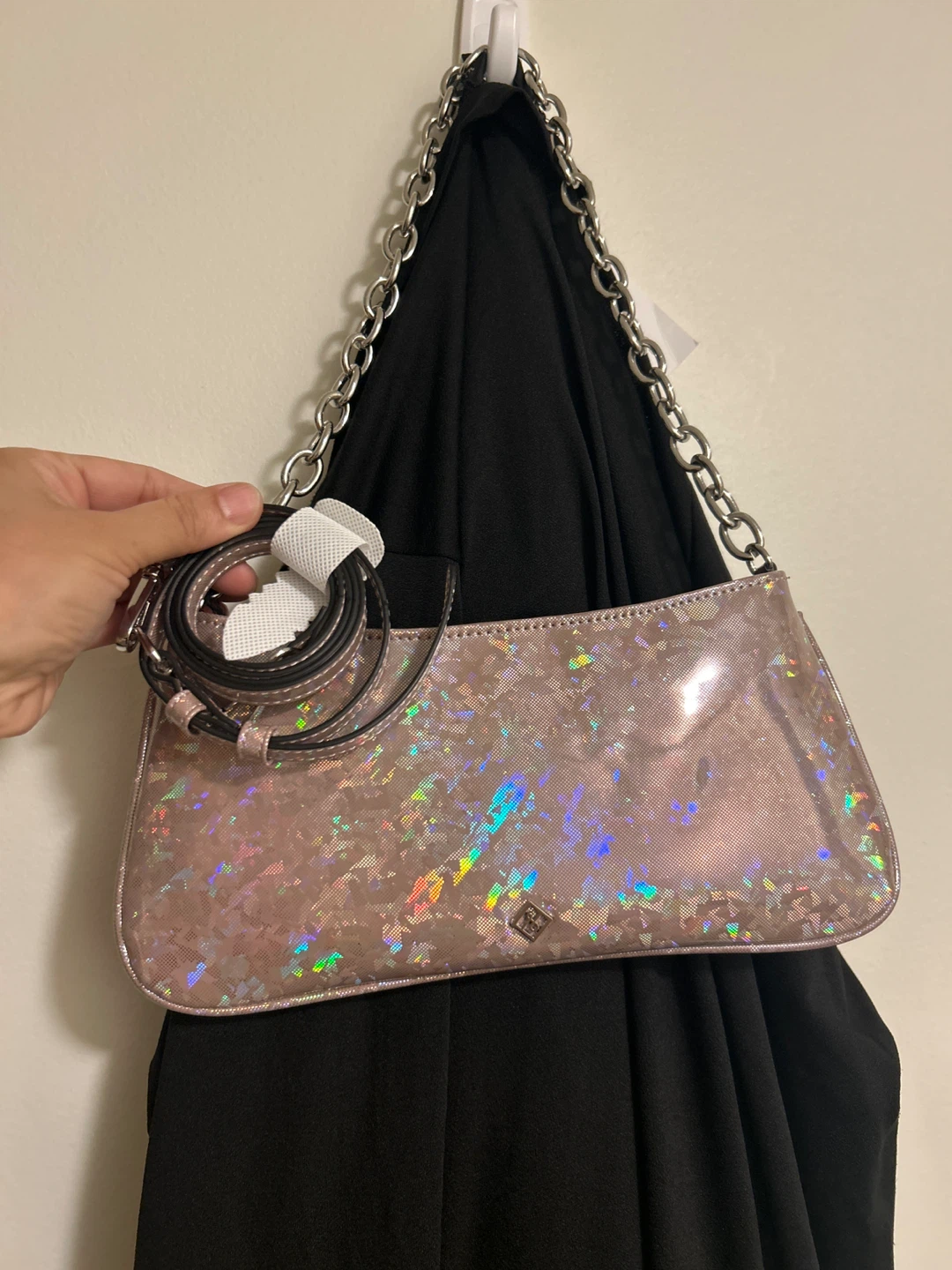 Pink Holographic Shoulder Bag with Chain Strap