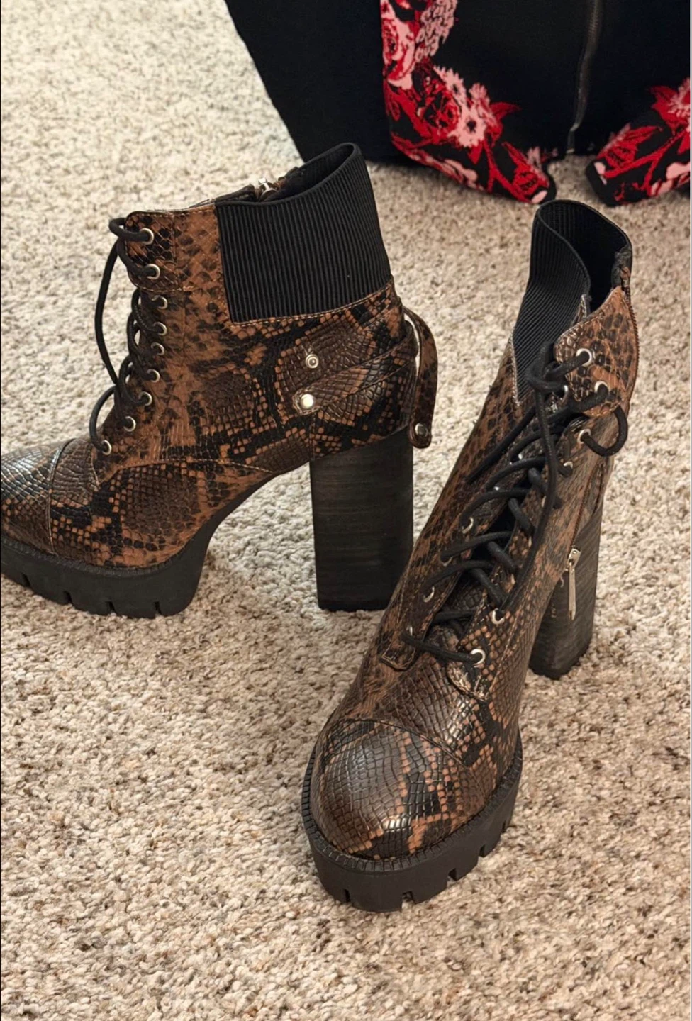 Charles by Charles David Snake Print Heeled Combat Boots Size 9M
