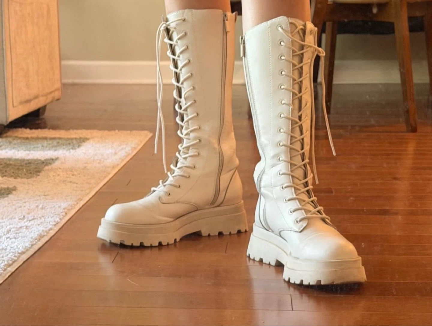 Stradivarius White Lace-Up Knee-High Combat Boots Size 39