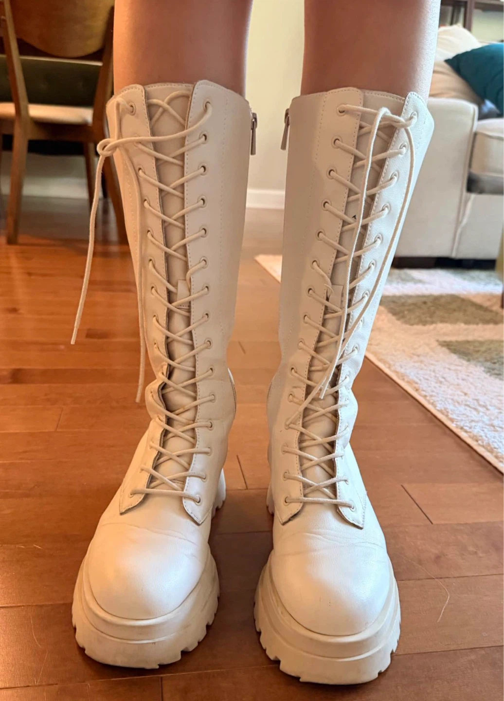Stradivarius White Lace-Up Knee-High Combat Boots Size 39 - photo 4