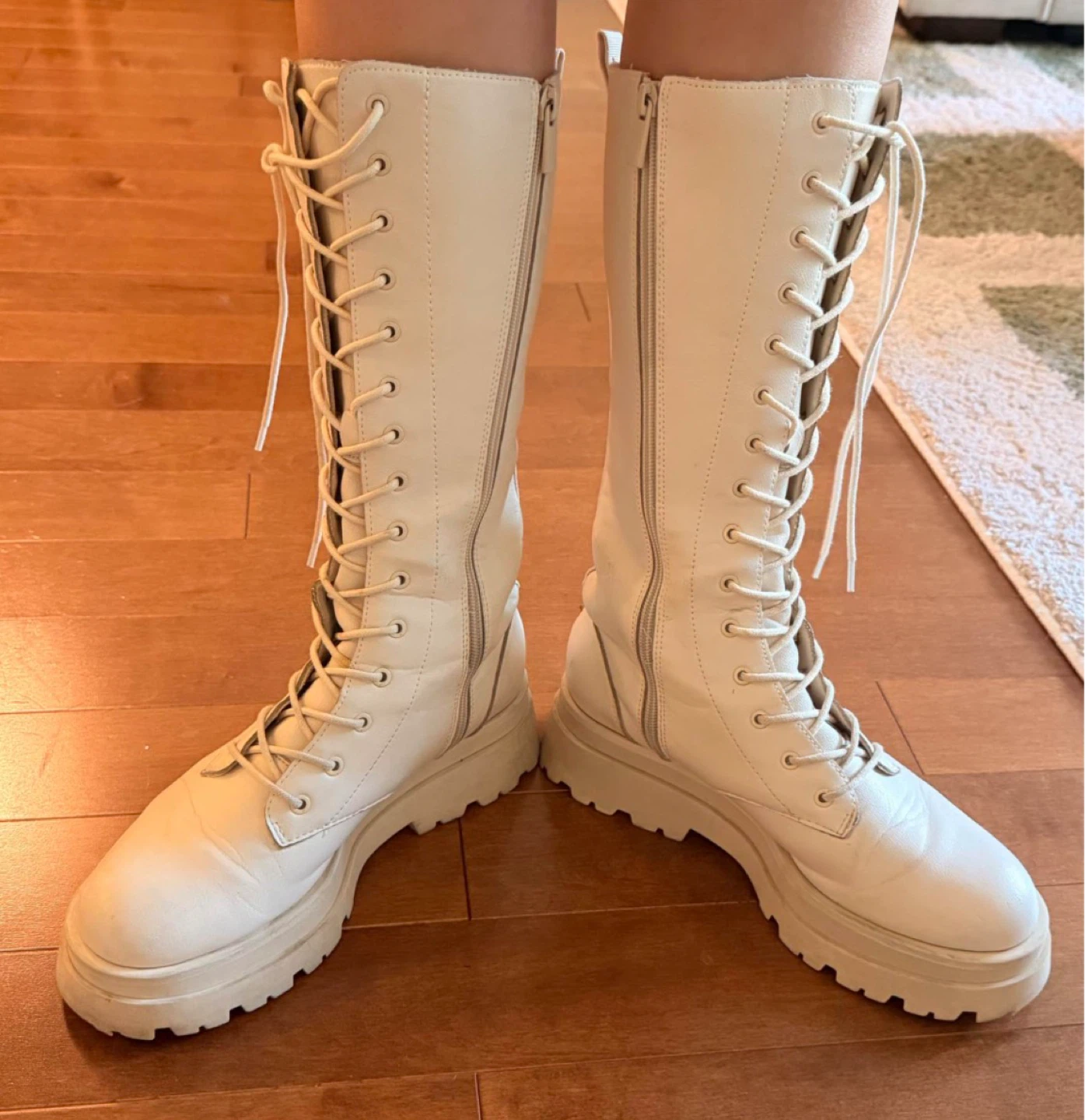 Stradivarius White Lace-Up Knee-High Combat Boots Size 39 - photo 3