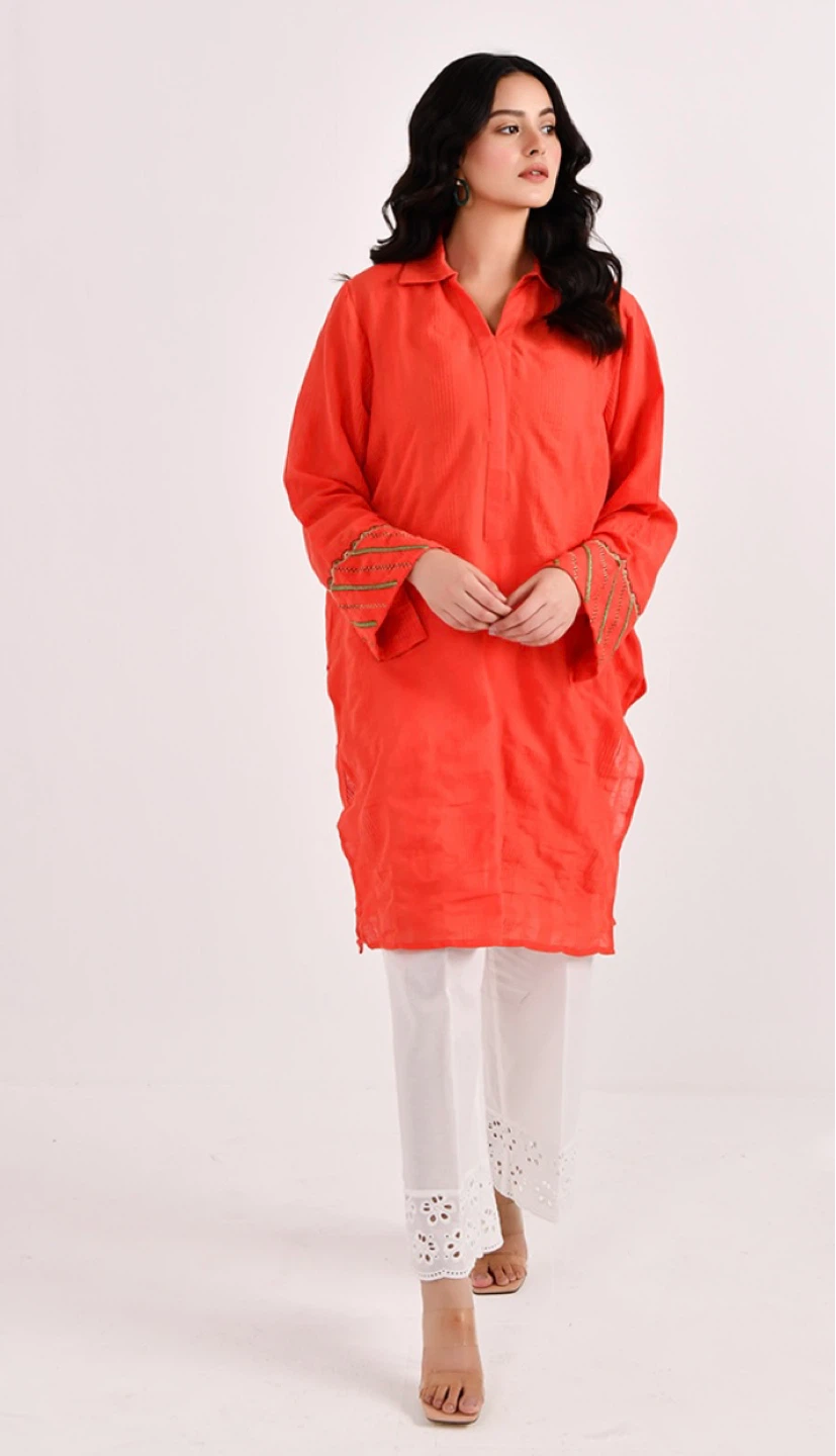 Orange Textured Tunic Shirt with Embroidered Sleeves