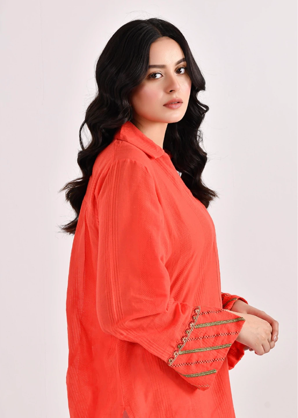 Orange Textured Tunic Shirt with Embroidered Sleeves - photo 4