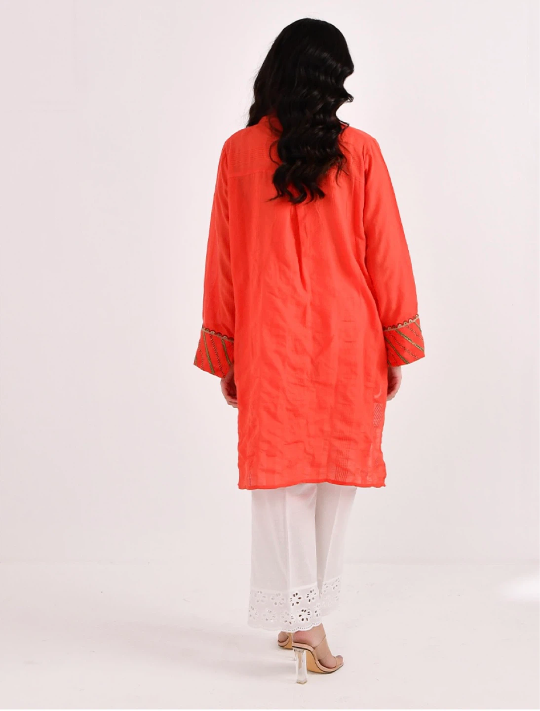 Orange Textured Tunic Shirt with Embroidered Sleeves - photo 2