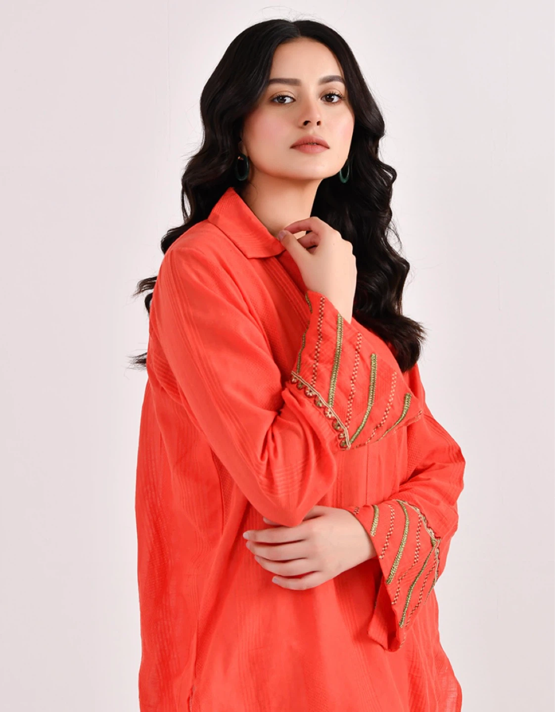 Orange Textured Tunic Shirt with Embroidered Sleeves - photo 5