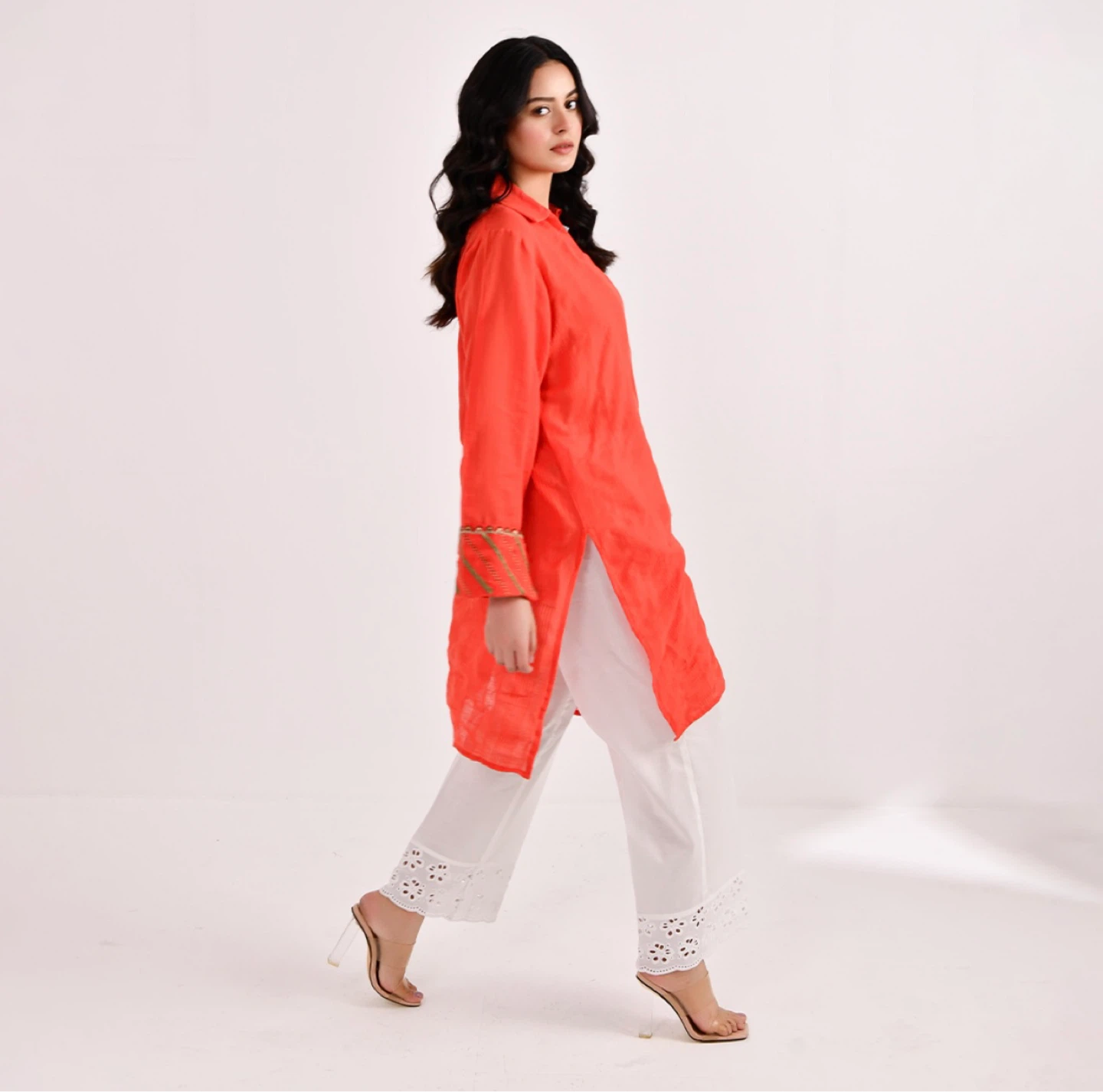 Orange Textured Tunic Shirt with Embroidered Sleeves - photo 3
