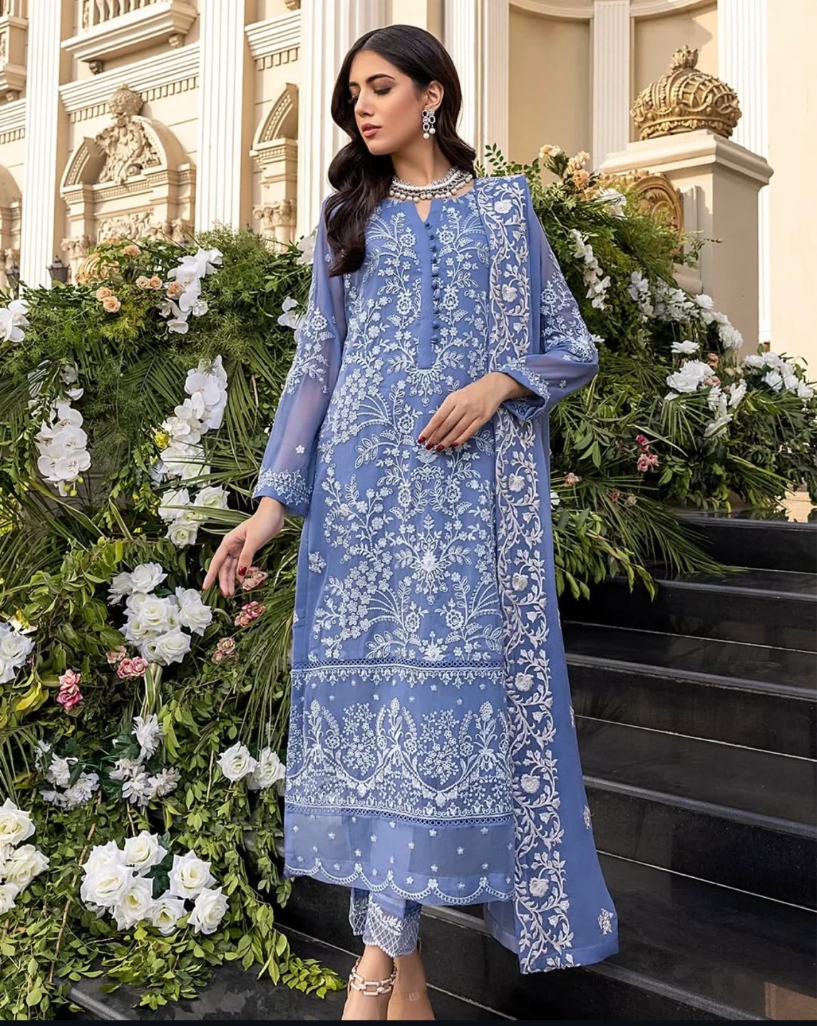 Women's Blue Embroidered 3-Piece Suit
