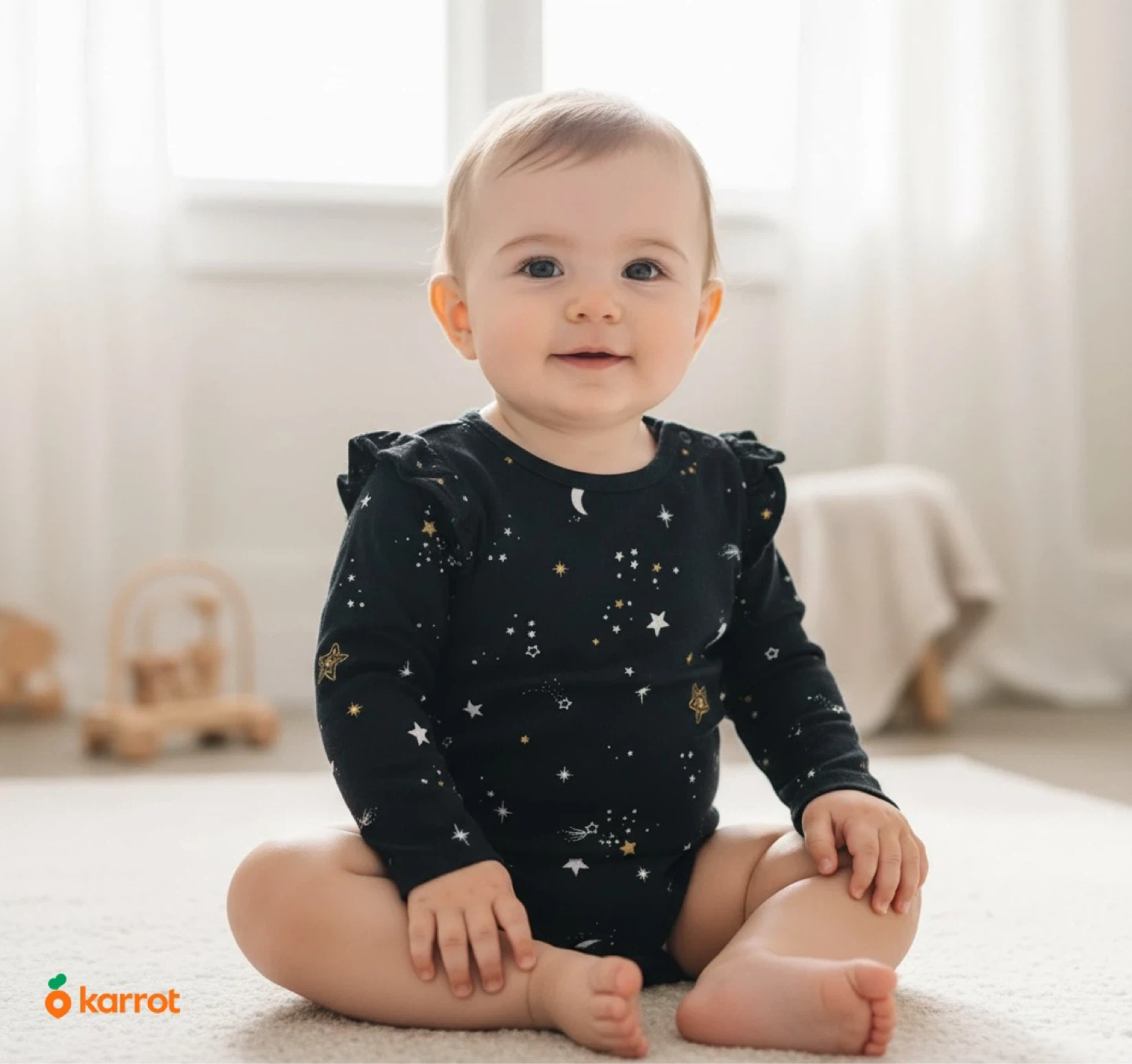 Black long-sleeve baby romper with celestial print